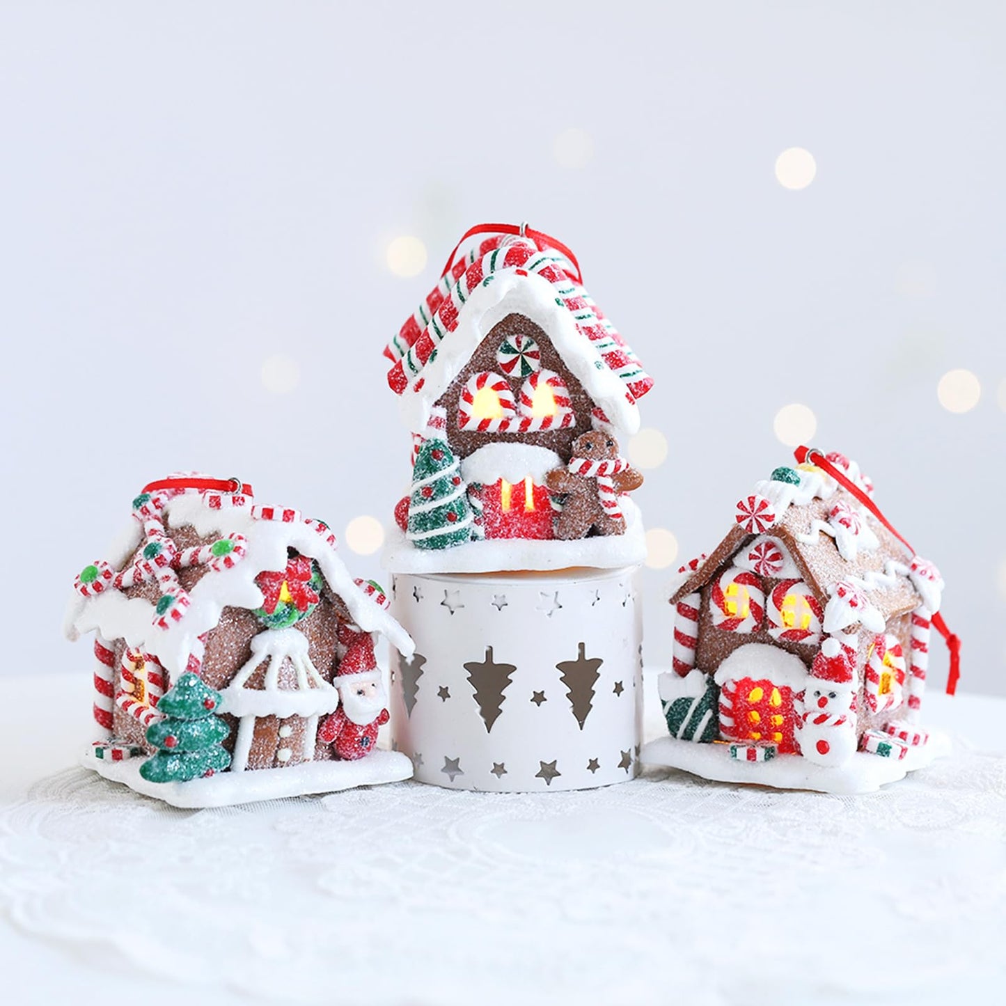 3Pcs Christmas Gingerbread House Hanging Ornaments for Xmas Tree,3D Light-Up Handmade Clay Gingerbread Candy House with Santa Claus Snowman for Christmas Eve New Year Winter Holiday Party Decorations