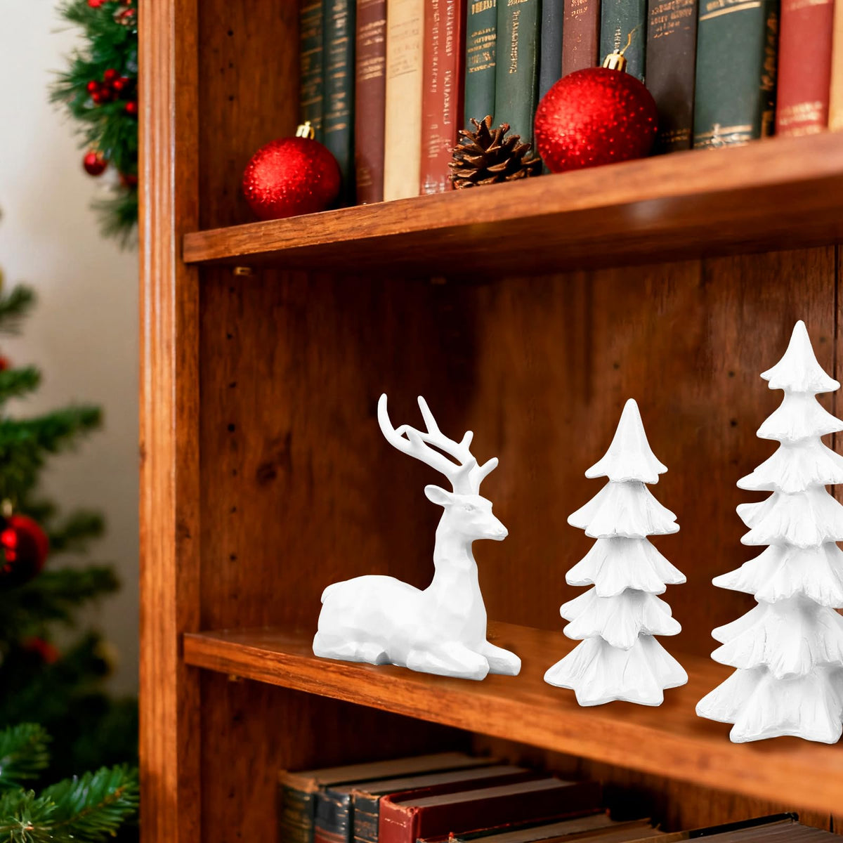 2 Pcs Christmas Tree Figurines and 2 Pcs Christmas Reindeer Figurines, White Tabletop Christmas Decorations Resin Christmas Tree and Elk Statues for Table Centerpieces Desk Shelf Fireplace Decor