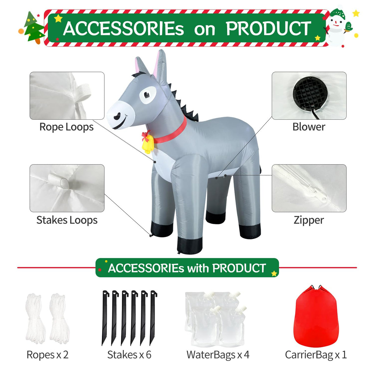 DomKom 6FT Donkey Inflatables Christmas Spring, Farm Ranch Blow up Animals Cute, Decorations Outdoor Yard Built-in LED Lights Big Large Decor Party Farm Lawn Holiday Outside