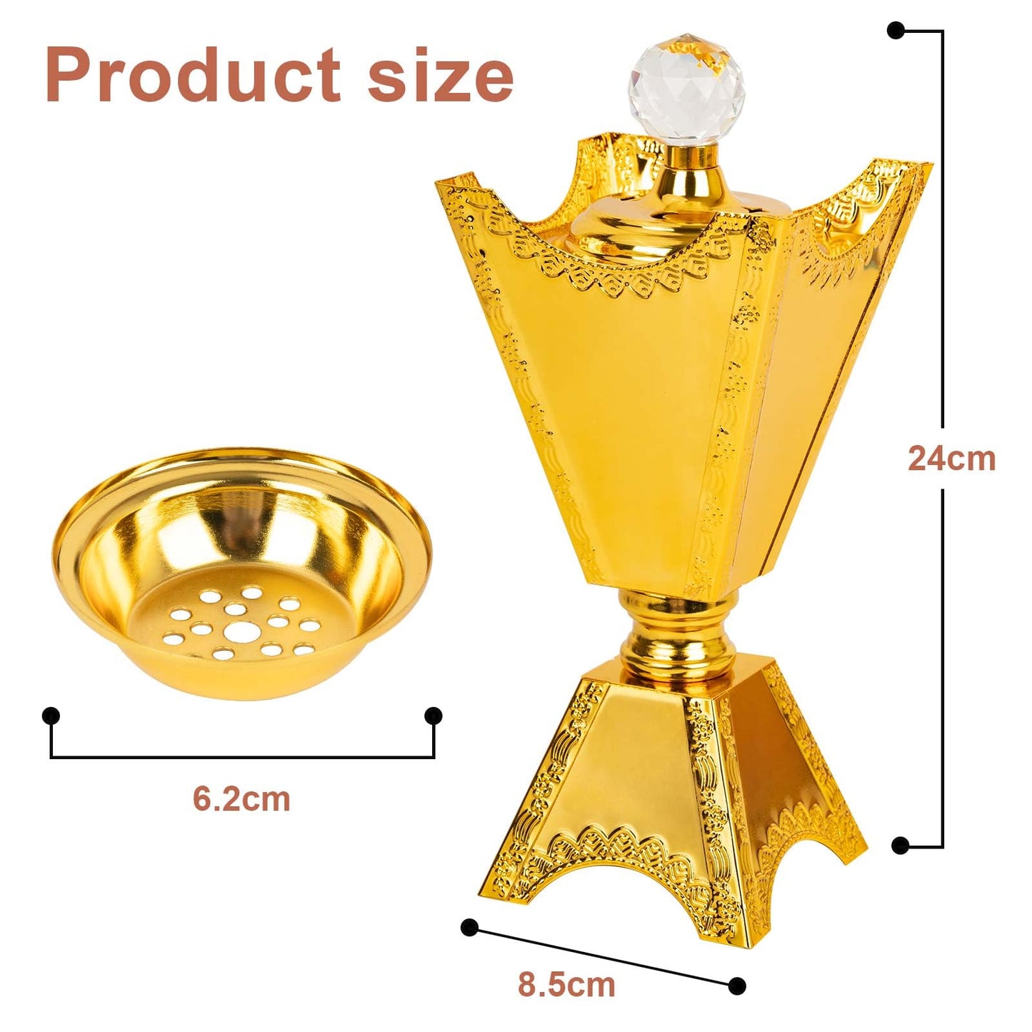 Large Gold Incense Burner Holder, Bakhoor Frankincense Charcoal Censer Resin Stand, Ideal for Aromatherapy Yoga Spa, Home Christian Church Decor 9.43" (Gold Burner)