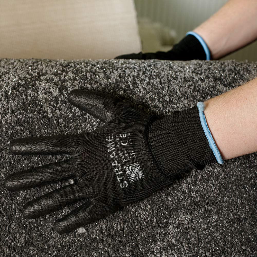 Straame Pack of 12 or 24 Black Safety Work Gloves, Outdoors PU and Nylon Non-Slip Work Handling Gloves, Good Dexterity Firm Grip Protective Working Gloves Size (Pack of 12 Pair's, L)