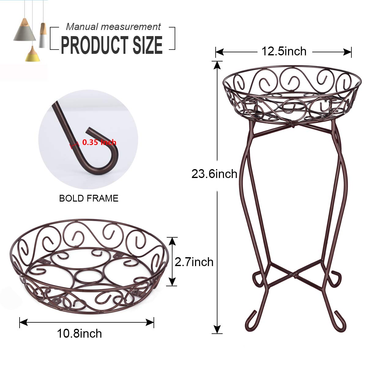 Yimobra Corner Plant Stand for Indoor Outdoor, Heavy Duty Rustproof Metal Flower Stand, 200LB Capacity Plant Holder for Patio Garden Living Room, 12.5 x 23.6 Inches, Bronze