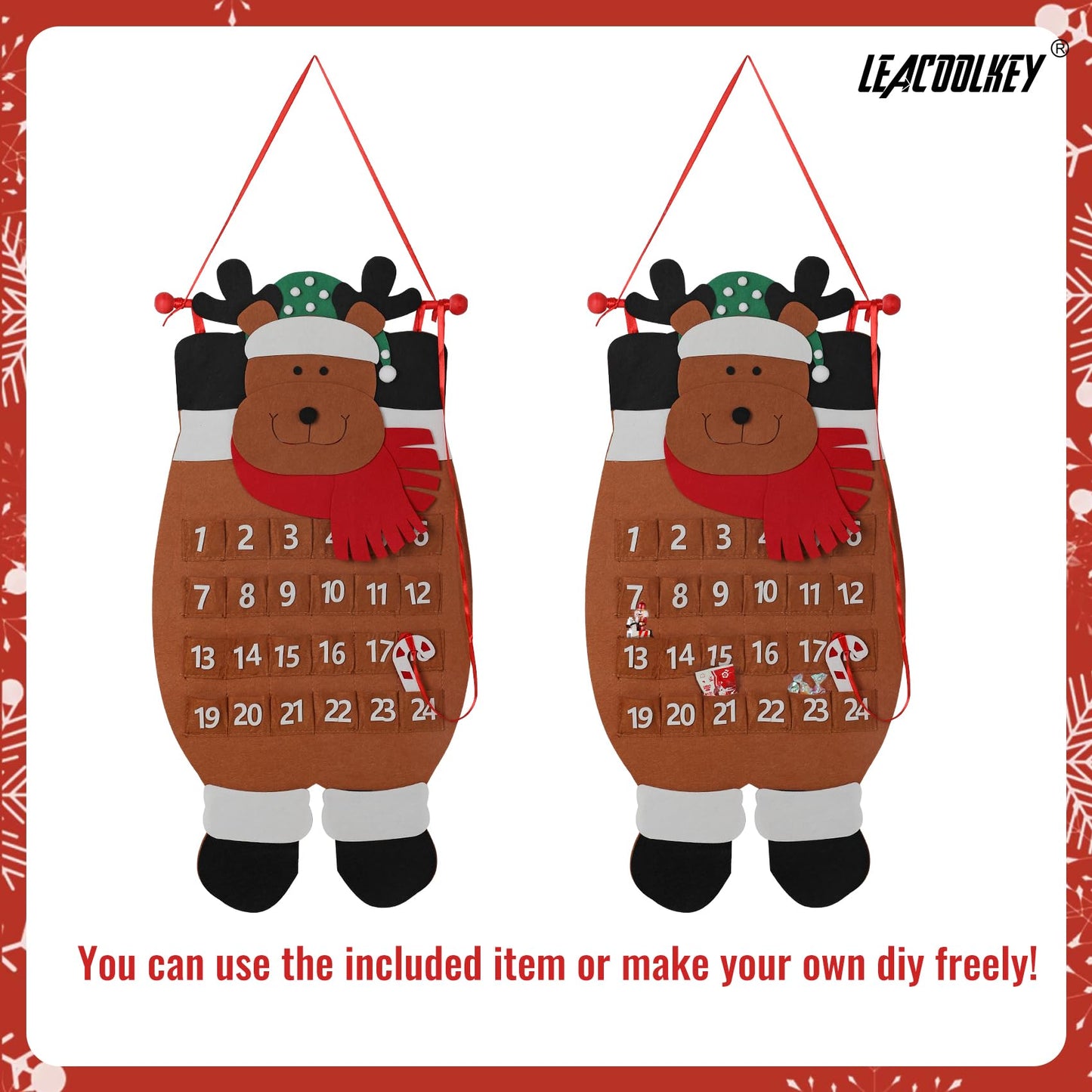 Christmas DIY Advent Calendar Felt Advent Calendar with Pockets Hanging Reusable Countdown Calendar for Kids Christmas Decorations Gifts (Brown elk)