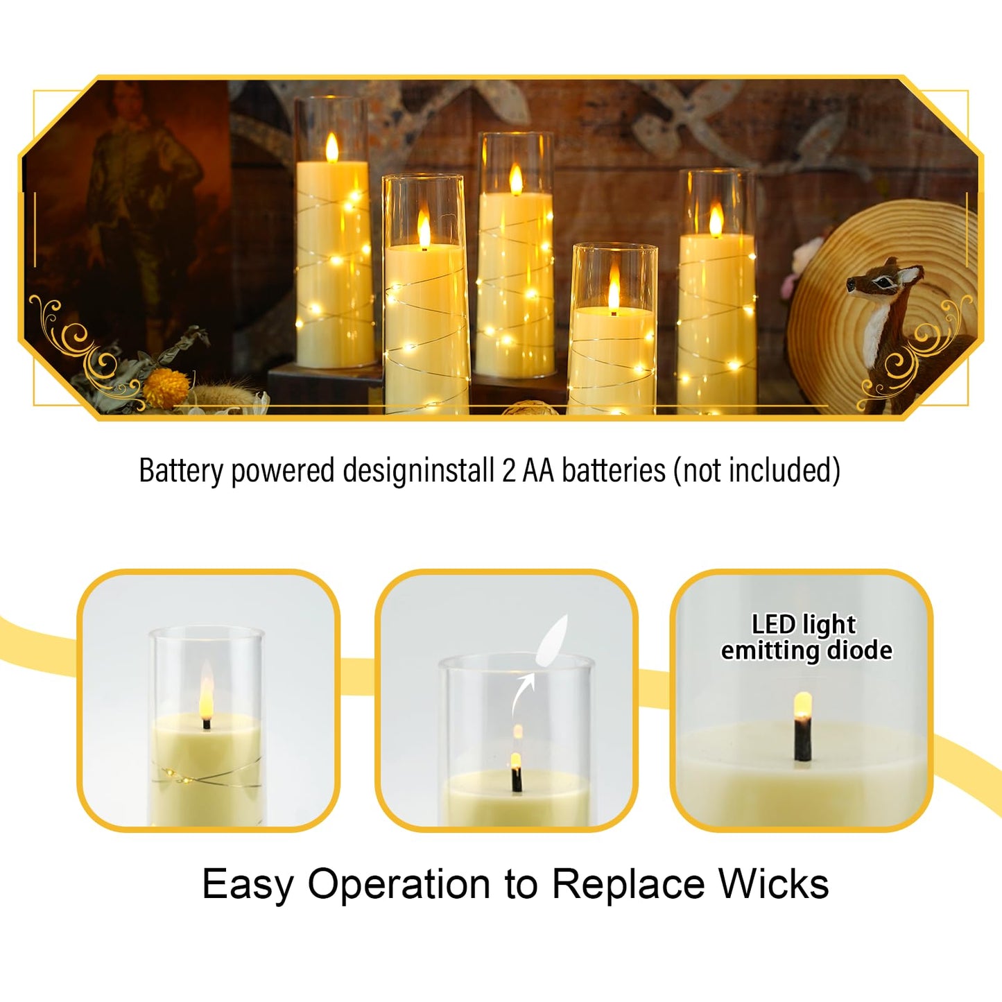 Eebuss Flameless Candles with Embedded Star String, Battery Operated LED Pillar Candles with Timer and Remote Control,Home Decorating for Ambiance, Set of 7(Ivory)