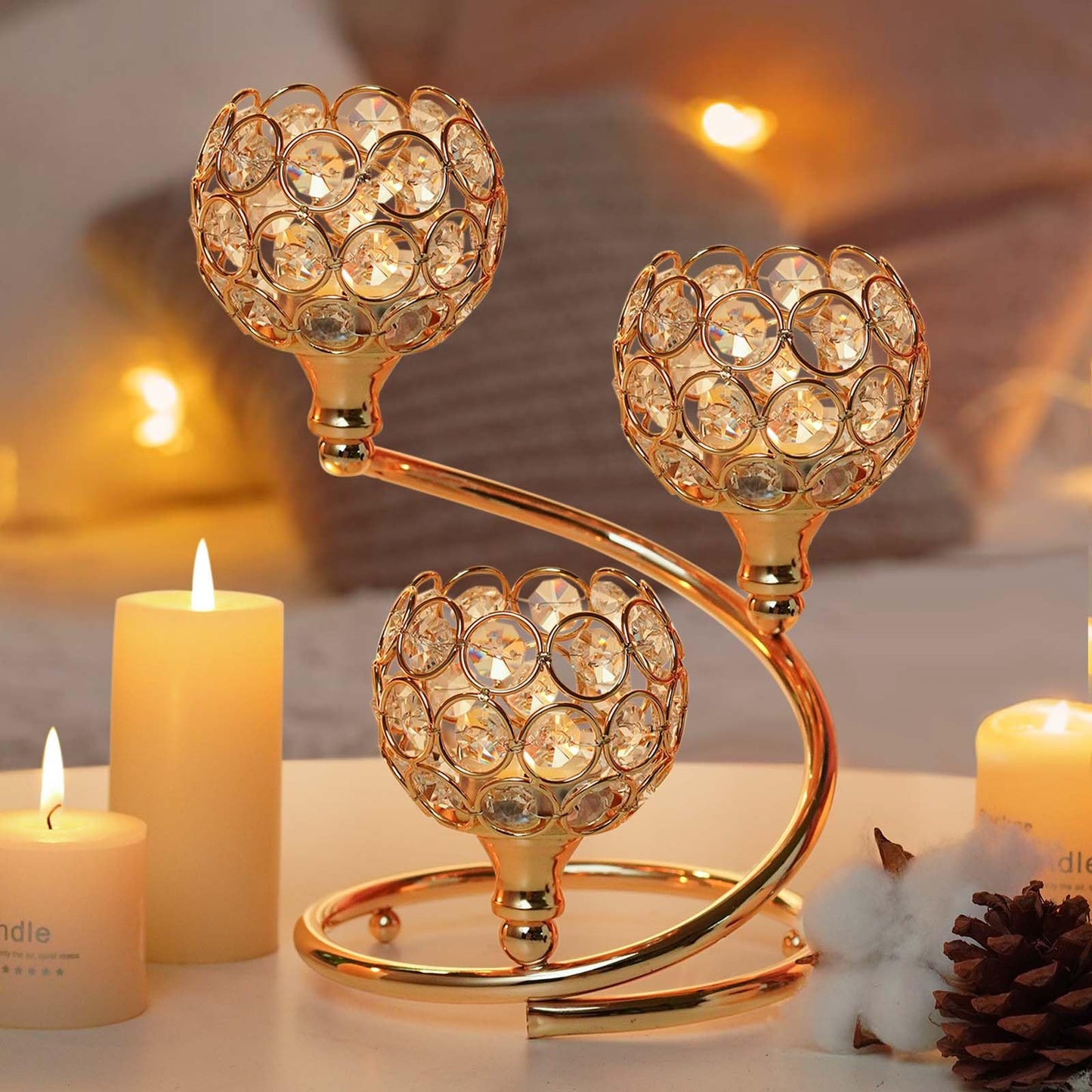 KEHAIL Metal Crystal Candle Holder Set of 2 - Elegant 3-Arm Metal Tea Light Centerpiece with Shining Crystal Bowl, Wedding Anniversary Table Decor for Dining, Party (Gold, 2 Pcs 3 Arm)