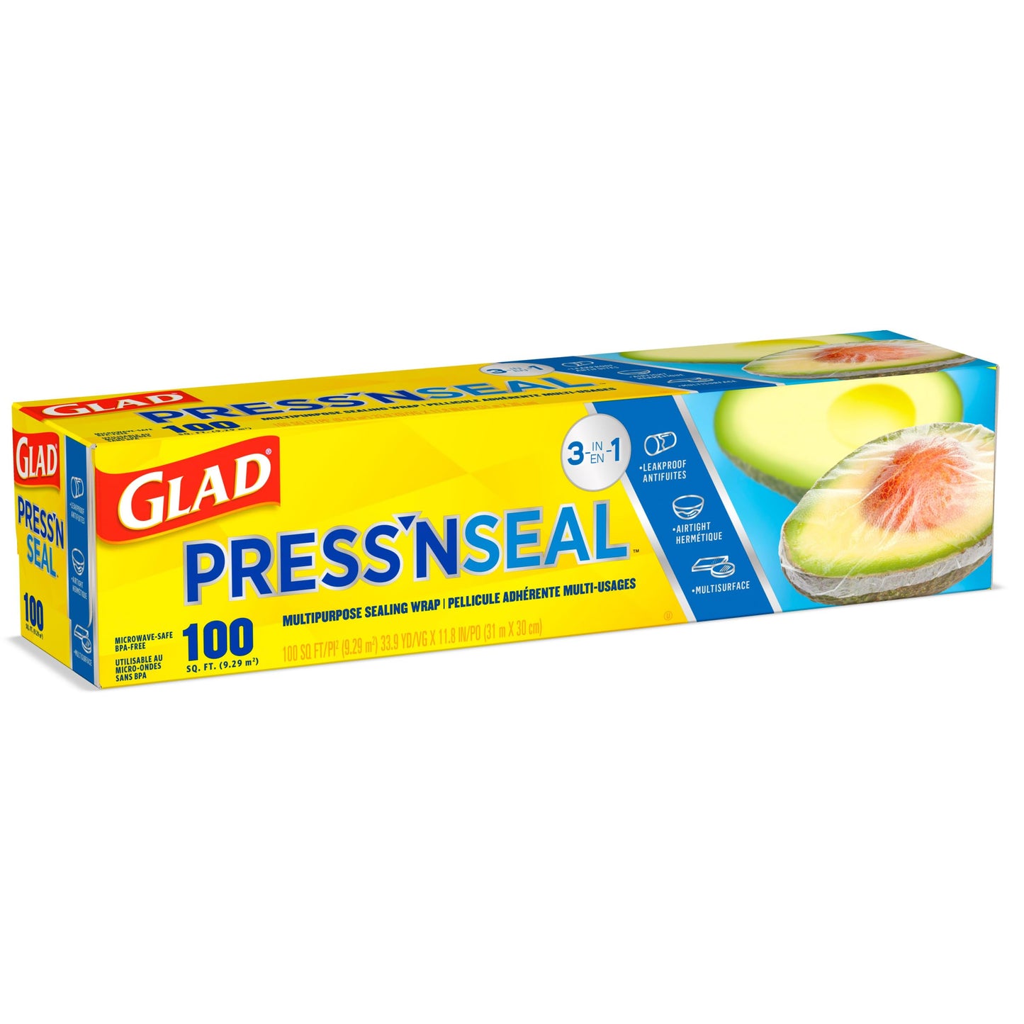 Glad Press'N Seal Plastic Food Wrap, 100 Square Foot Roll, Pack of 3, (Package May Vary)