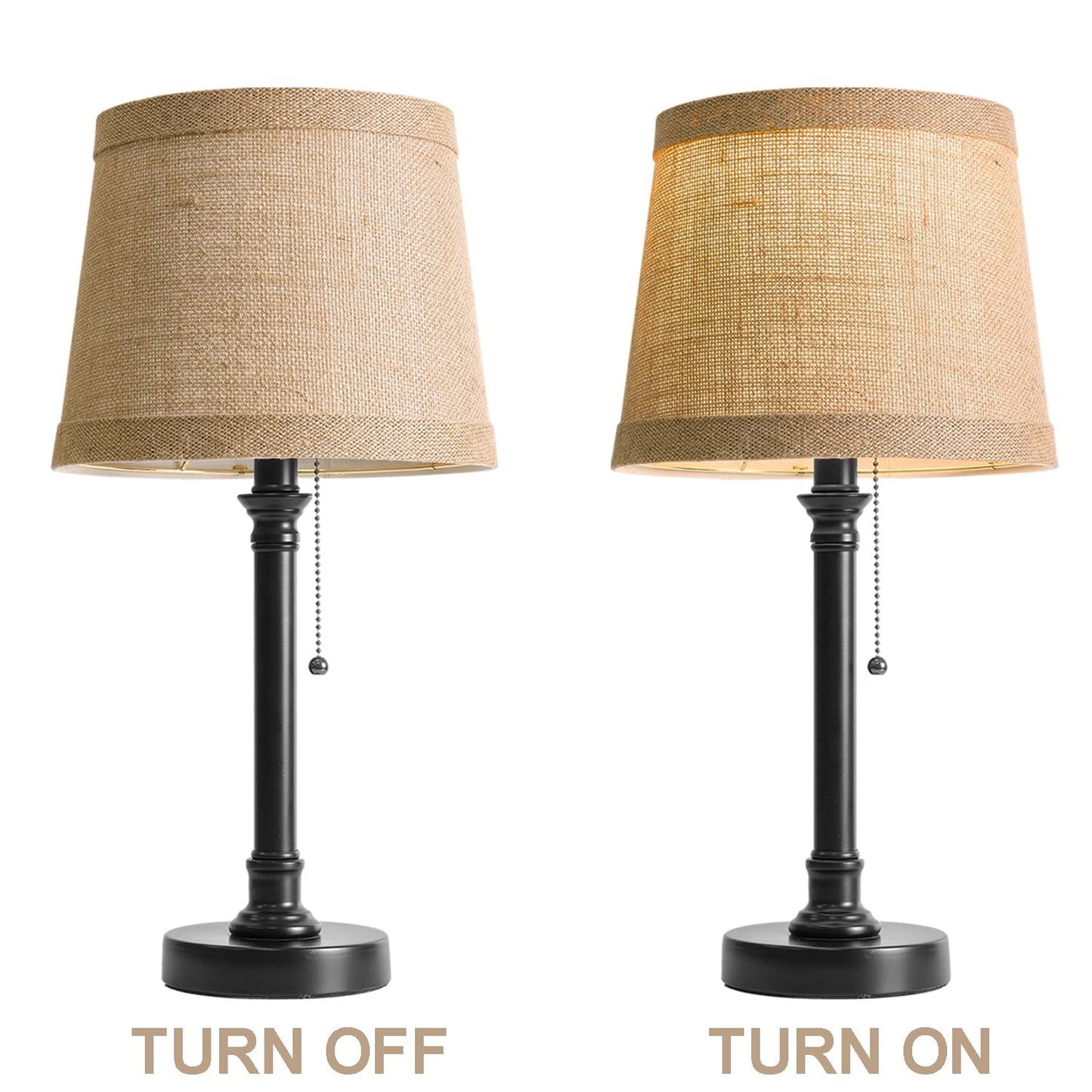 Oneach 19.5" Small Table Lamp with USB A+C Charging Ports, Black Modern Rustic Bedside Lamp with Natural Shade, Black Metal Pull Chain Desk Lamps for Living Room, Bedroom, Nightstand