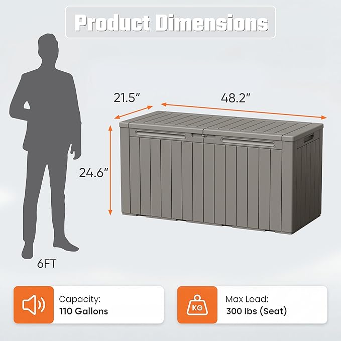 Greesum 110 Gallon Outdoor Storage Box with Lockable Lid, All-Weather Solution for Patio Furniture, Pool Supplies & Garden Tools, Waterproof, UV-Resistant Large Deck Box, Light Coffee