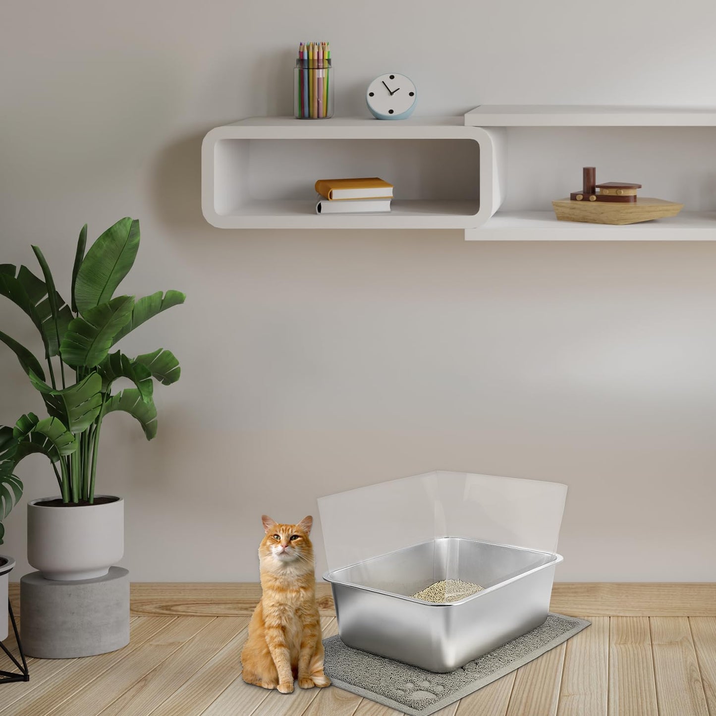 2 Set Stainless Steel Litter Box - 17.7"x13.8"x5.9", High-Sided Shield, Scoops, Mats for Multiple Cats, Easy to Clean