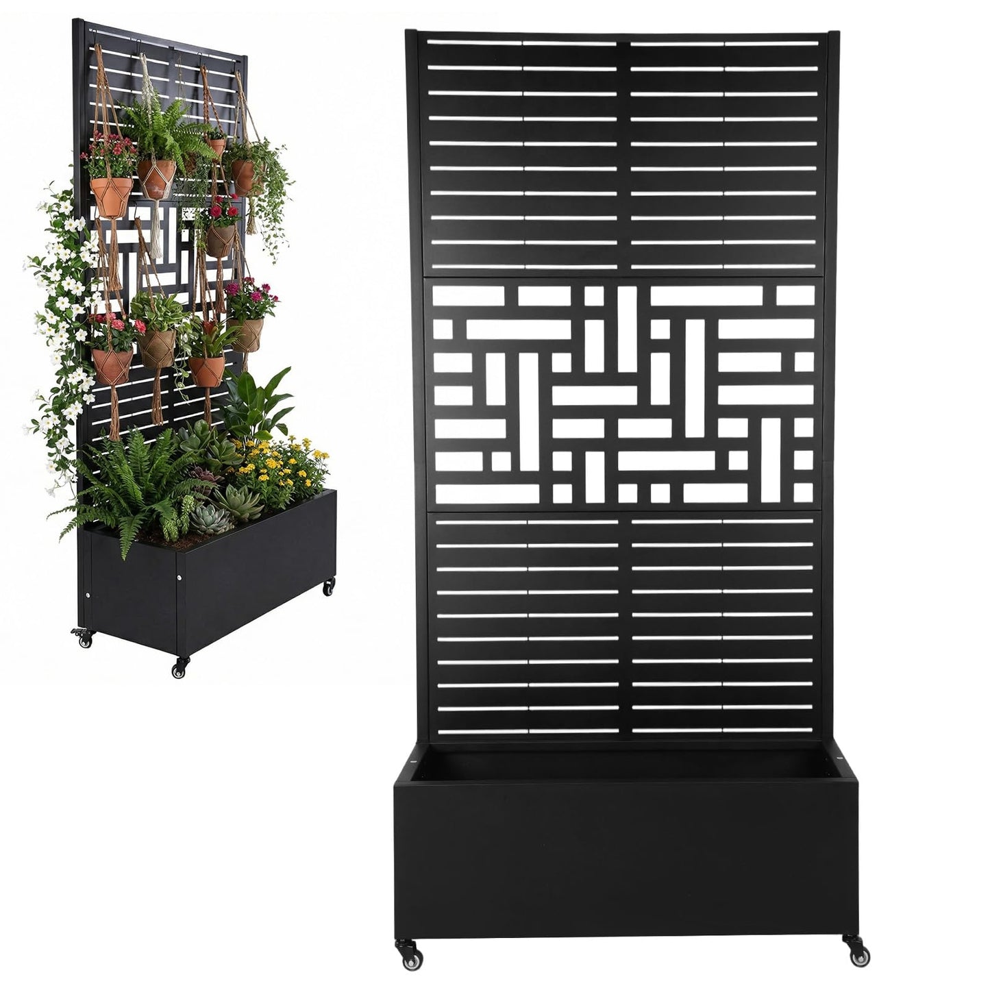 Metal Planter Box with Trellis Standing Planter Box for Climbing Plants/Vines Raised Garden Bed On Wheels 70.87x35.43x15.75 Inch
