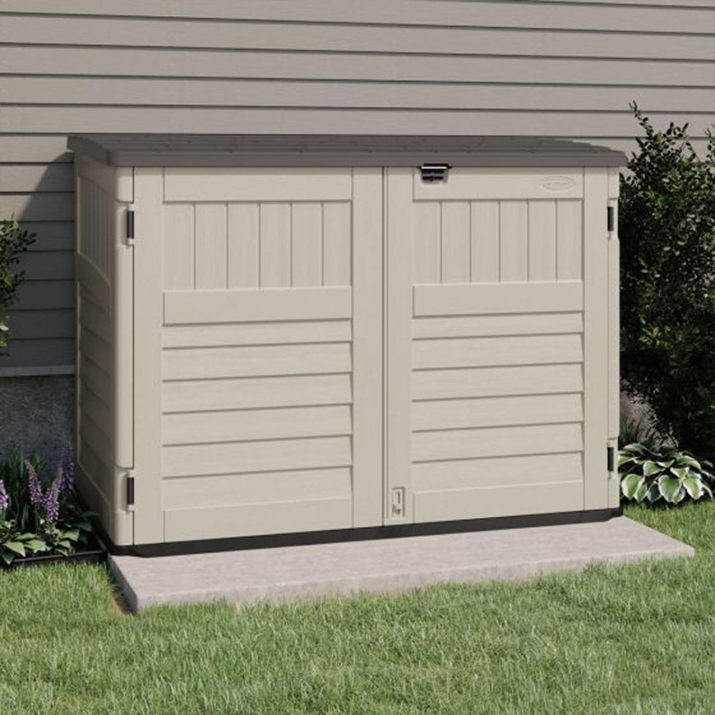 Suncast 5.9 ft. x 3.7 ft Horizontal Stow-Away Storage Shed - Natural Wood-like Outdoor Storage for Trash Cans and Yard Tools - All-Weather Resin, Hinged Lid, Reinforced Floor - Vanilla and Stoney