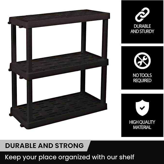 Oskar Heavy Duty Plastic Storage Shelves- for Garage, Kitchen, Bathroom Basement Kids Room, Stackable 3-Tier Black Organizer Rack for Books Shoes, Toys, Pantry, Cleaning and Closet Organization