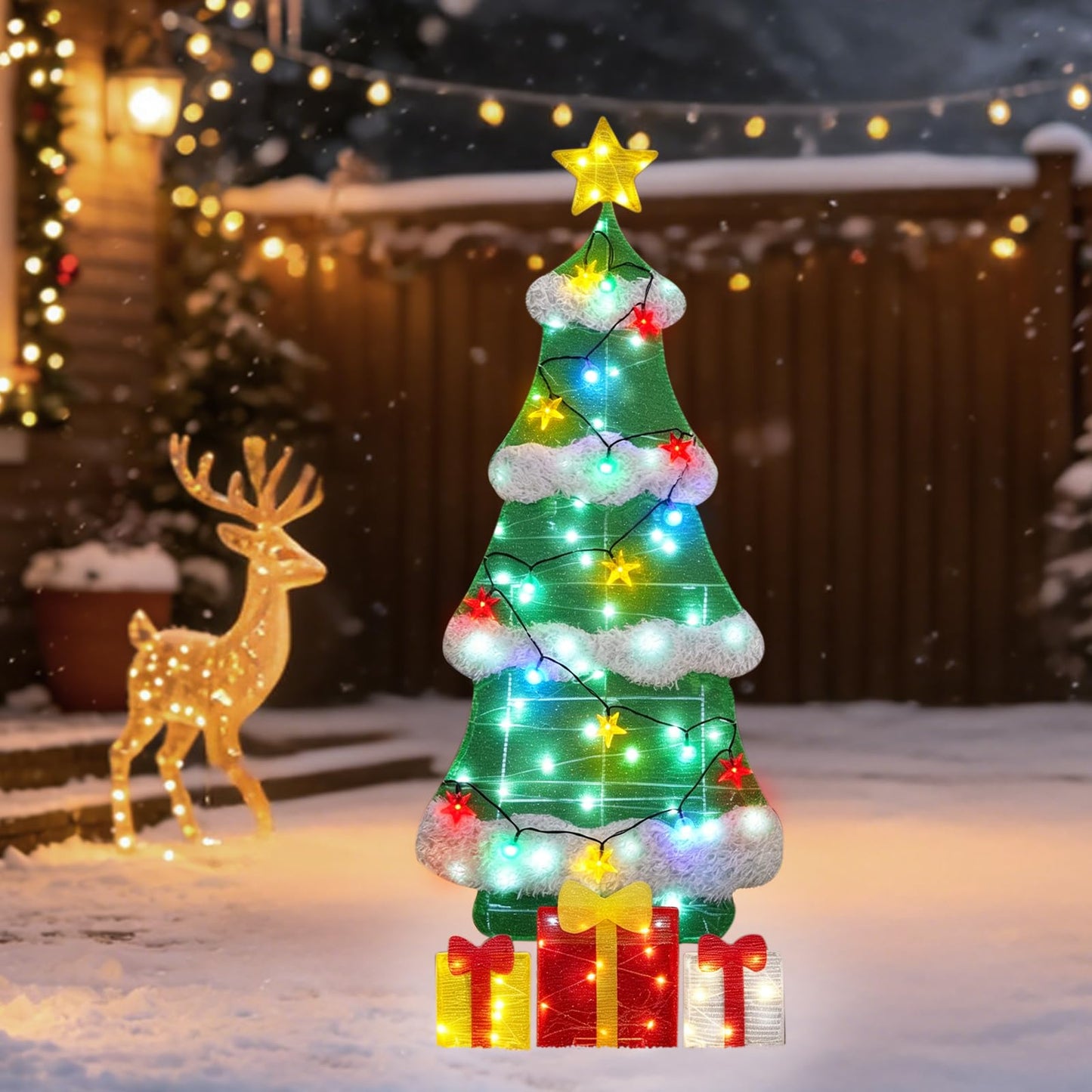 3ft 2D Christmas Tree Outdoor Decorations with 100 Twinkling LED Lights, 8 Light Modes, Large Holiday Yard Ornament for Patio, Lawn, Home(Sphere+Star)