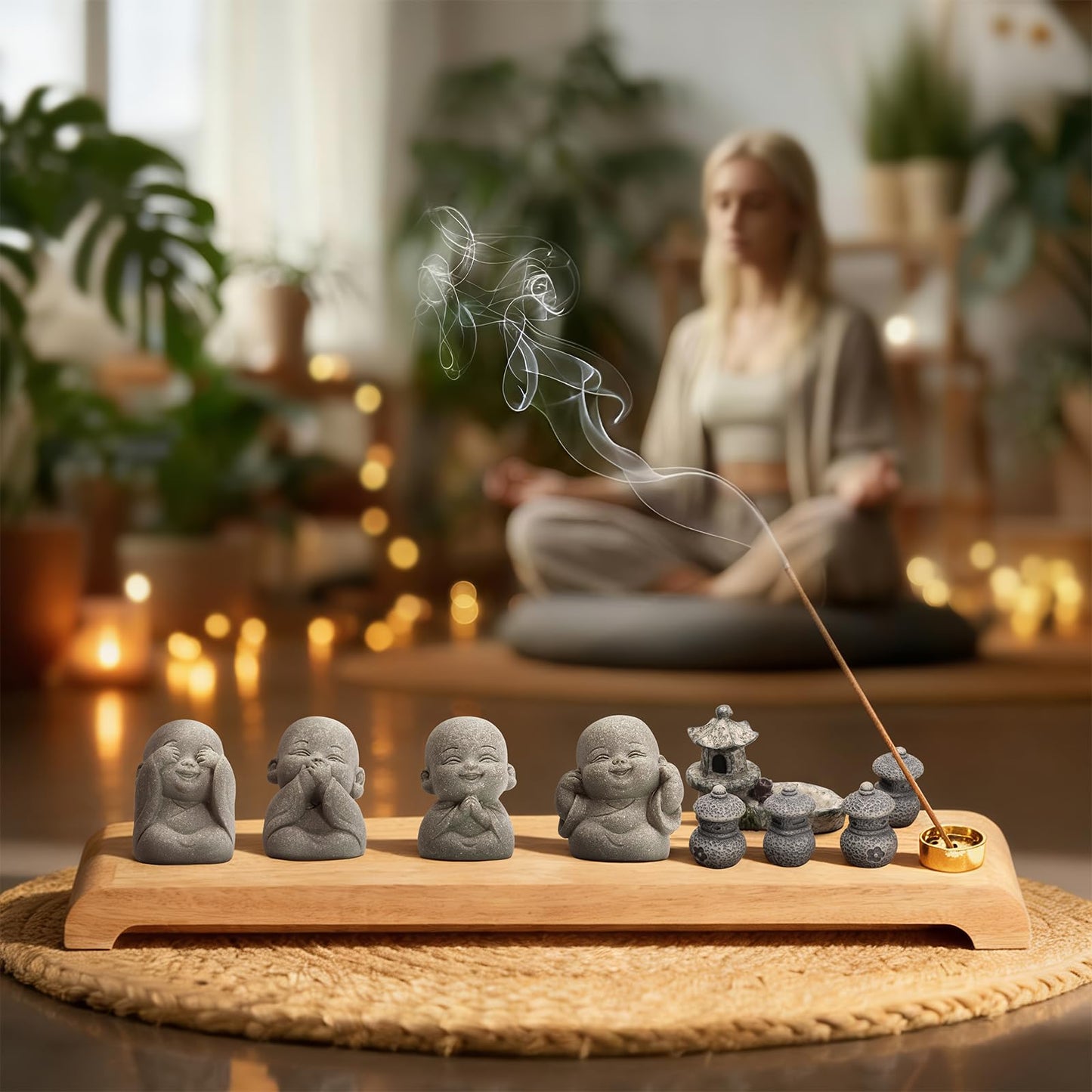 Laughing Buddha Statue Zen Set 4 Pcs with Wood Base, Lotus Incense Burner, Copper Incense Holder, Incense Sticks & Cleaning Brush All in One Feng Shui Decor for Home, Meditation, Desk & Spiritual Gift