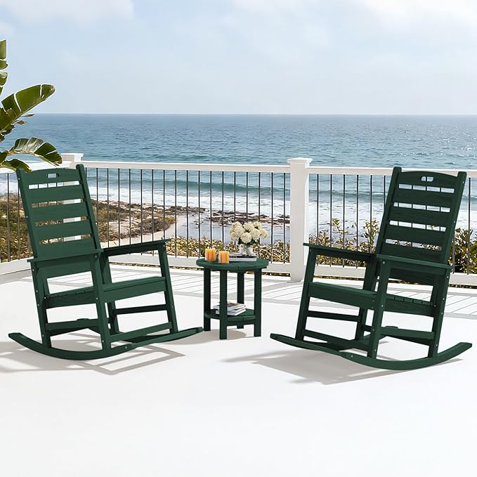 SERWALL Outdoor Rocking Chair Set of 4, Oversized HDPE Patio Rocking Chair with Footrest for Adults, All Weather Porch Rocker for Deck Patio Balcony, Green