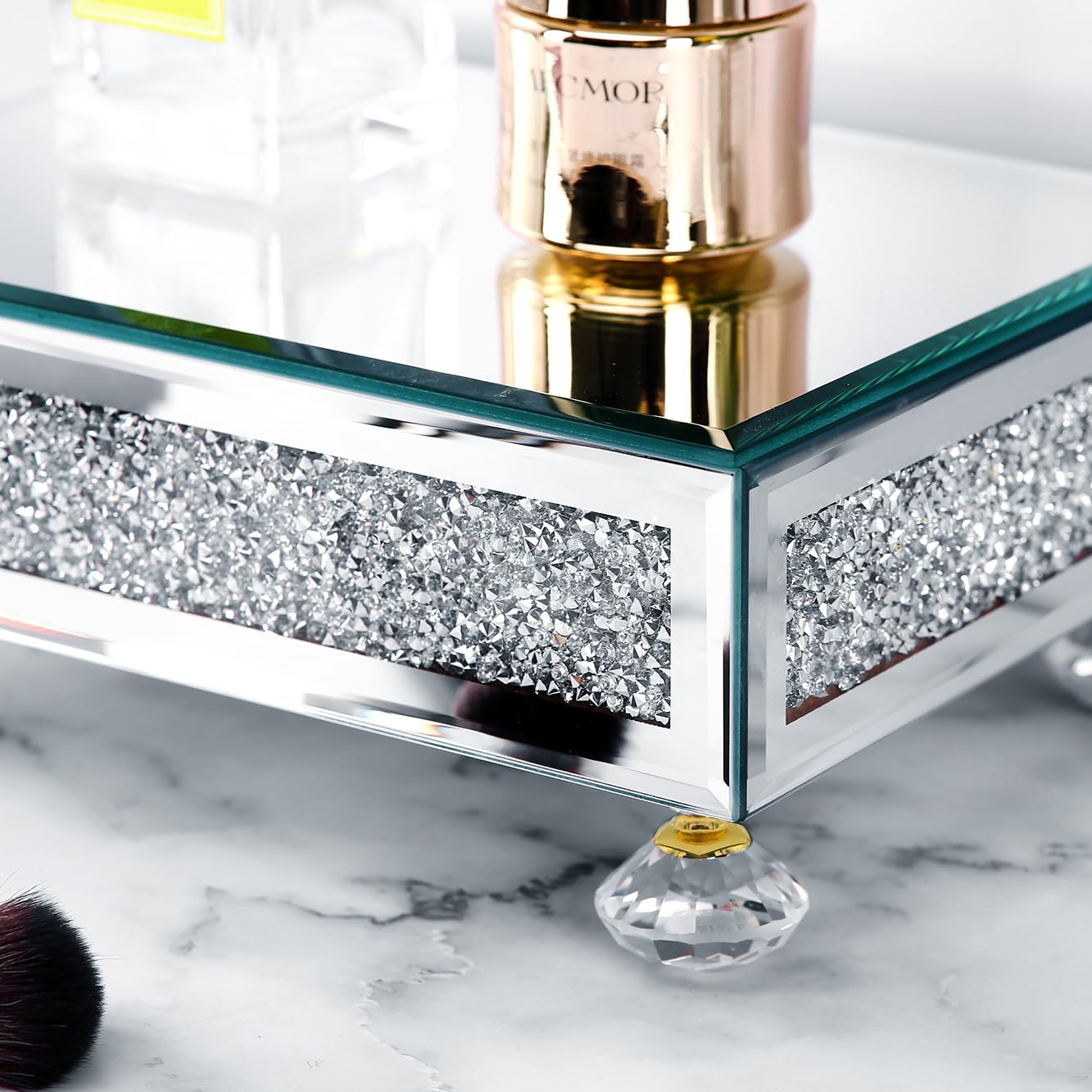 TACIDON Modern Mirrored Riser for Display : Crushed Diamond Decorative Pedestal Stand for Kitchen Counter and Home Decor , Glass Display Tray for Bathroom Soap, Sink, Vase,Perfume (Gold)
