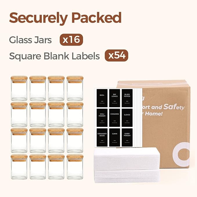 ComSaf Spice Jars with Label 4oz 16 Pack, Glass Spice Jars with Bamboo Lid
