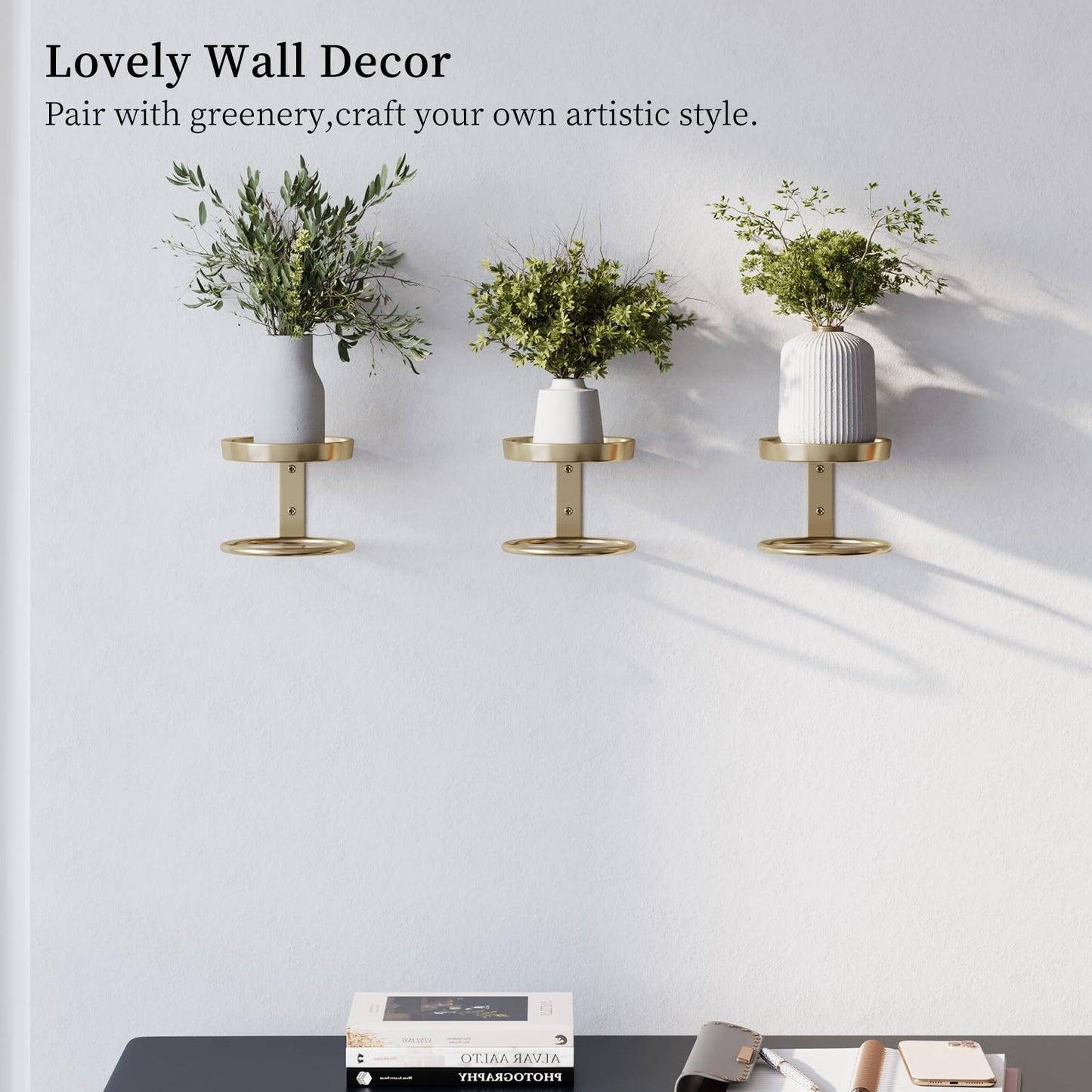 Rioneta Metal Wall Plant Holder for Indoor Plants, Modern Stylish Wall Decor, Space-Saving Vertical Shelf for Home, Garden & Office 3 Pack Gold