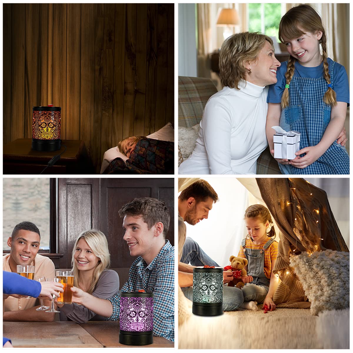 Enaroma Fragrance Wax Melts Warmer with 7 Colors LED Changing Light Classic Black Forest Design Scent Oil Candle Warmer for Home Skull
