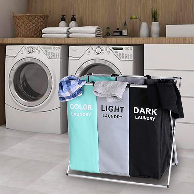 135L Laundry Cloth Hamper Sorter Basket Bin Foldable 3 Sections