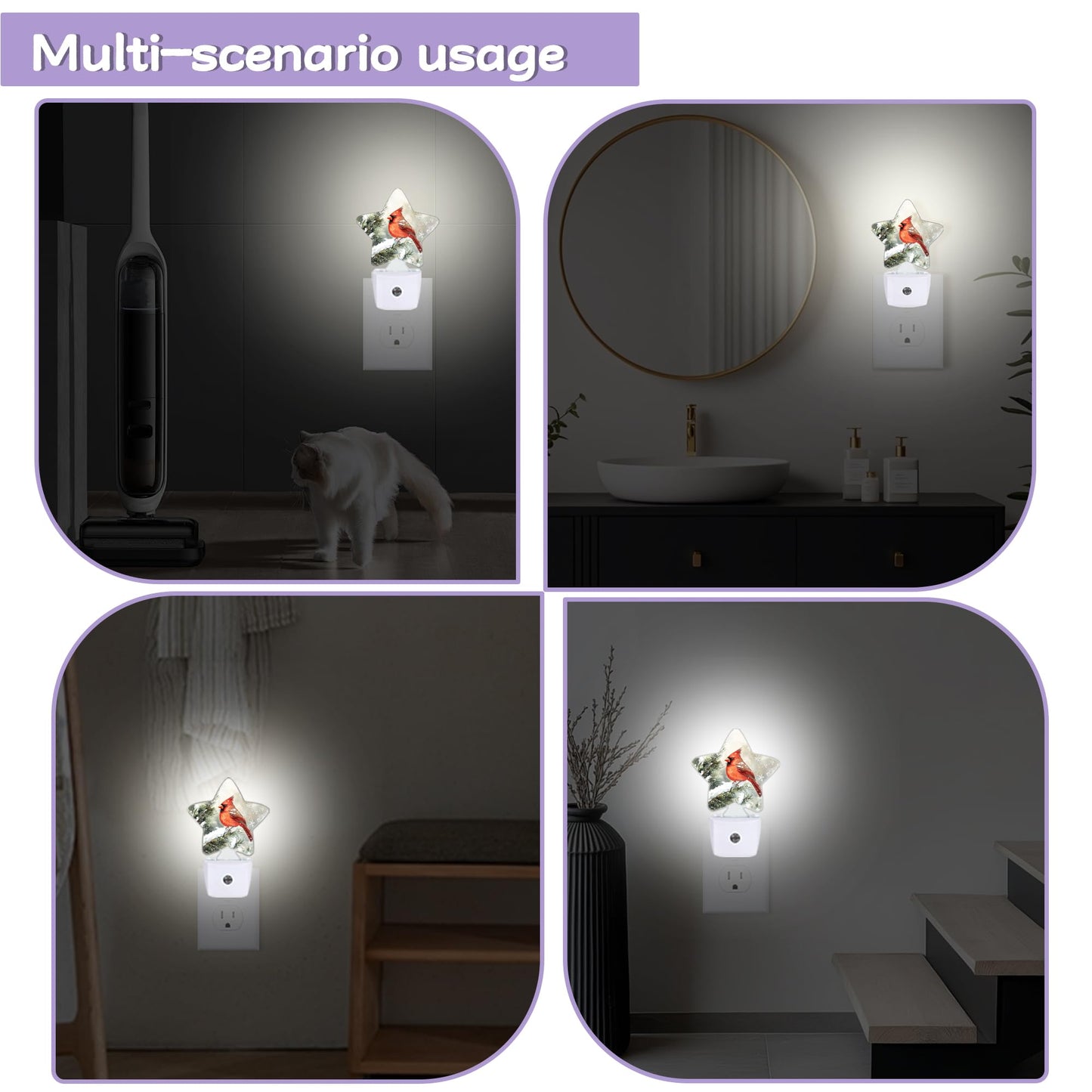 Cardinal Bird Decorative Nightlight Plug in Wall,Christmas Star Shaped Night Light with Built in Sensor for Home Decor,Kitchen Hallway Stairs Desk Lamp
