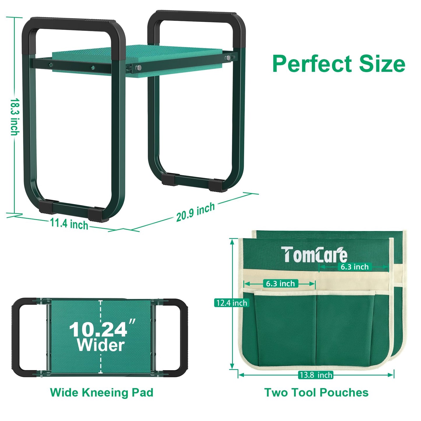 TomCare Garden Kneeler and Seat Upgraded 10.24" Wide Kneeling Pad Garden Bench with 2 Large Tool Bags Heavy Duty Foldable Garden Stool Tools Gardening Gifts for Women Men Seniors Gardeners