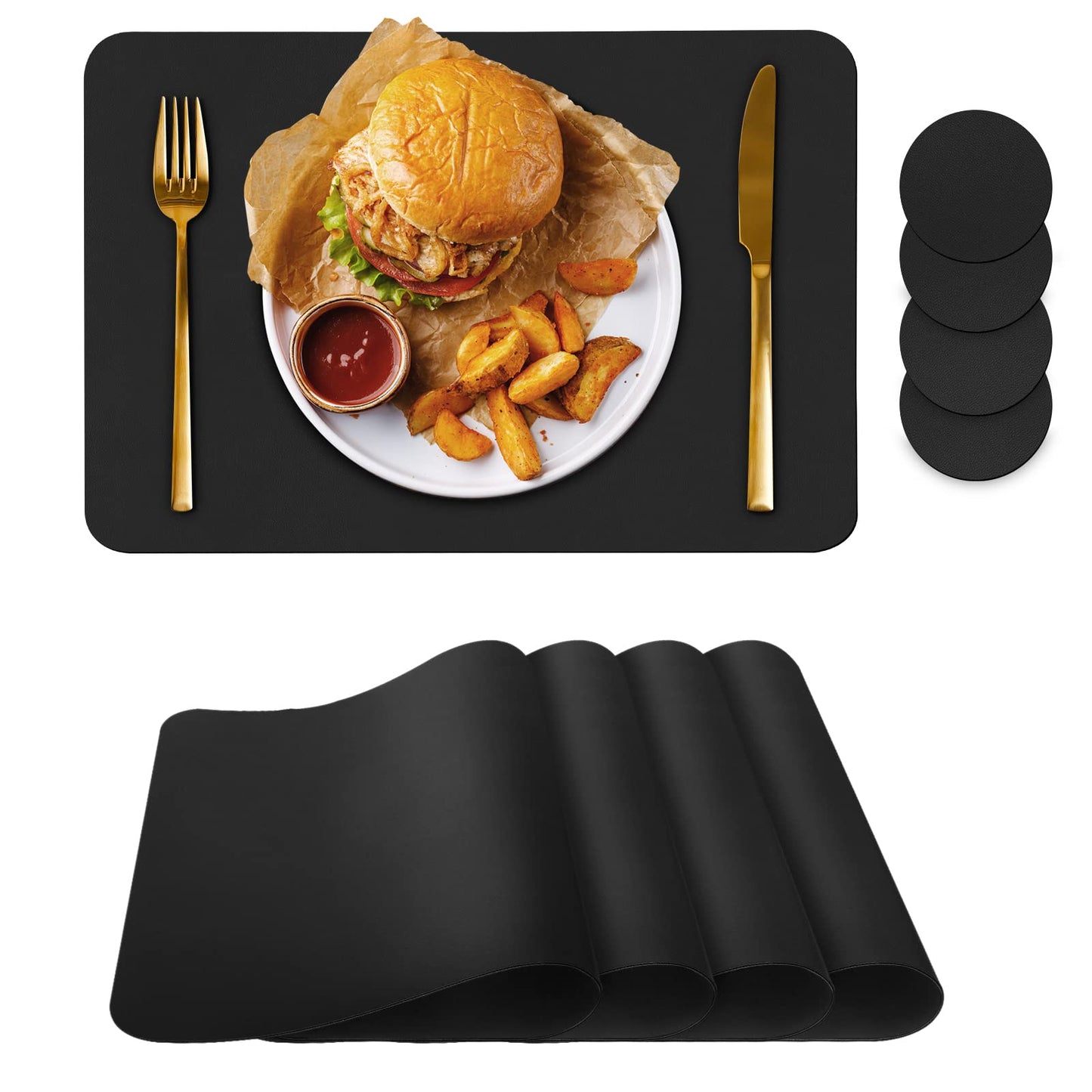Bacgnyer Placemats Set of 4, Placemat with Coasters Heat Stain Scratch Resistant Non-Slip Waterproof Oil-Proof Washable Wipeable Outdoor Indoor for Dining Patio Table Kitchen Decor and Kids (Black 4)