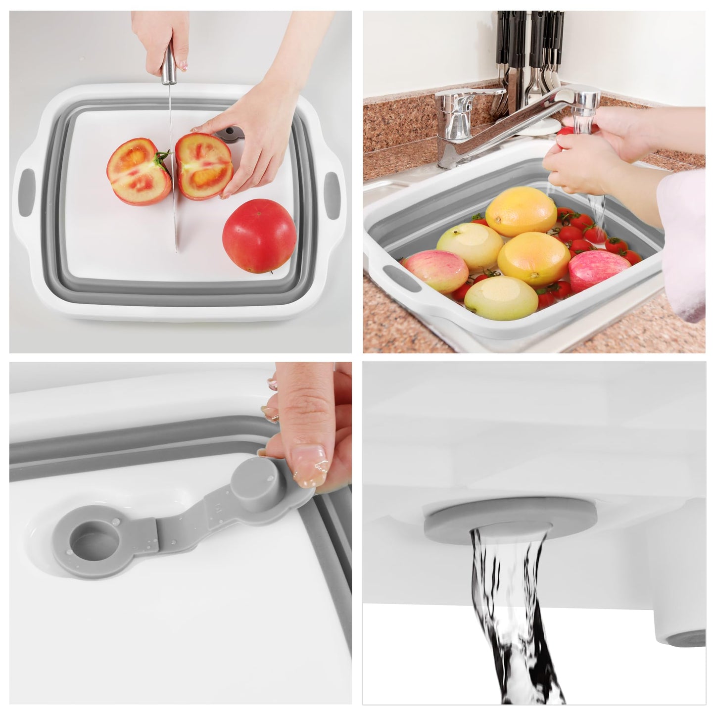 Space Saving Cutting Board, Collapsible Dish Tub with Draining Hole, Folding Chopping Board with Colander, 3 in 1 Multifunction Camping Sink for Washing Dish, Bowl, Vegetables and Fruit