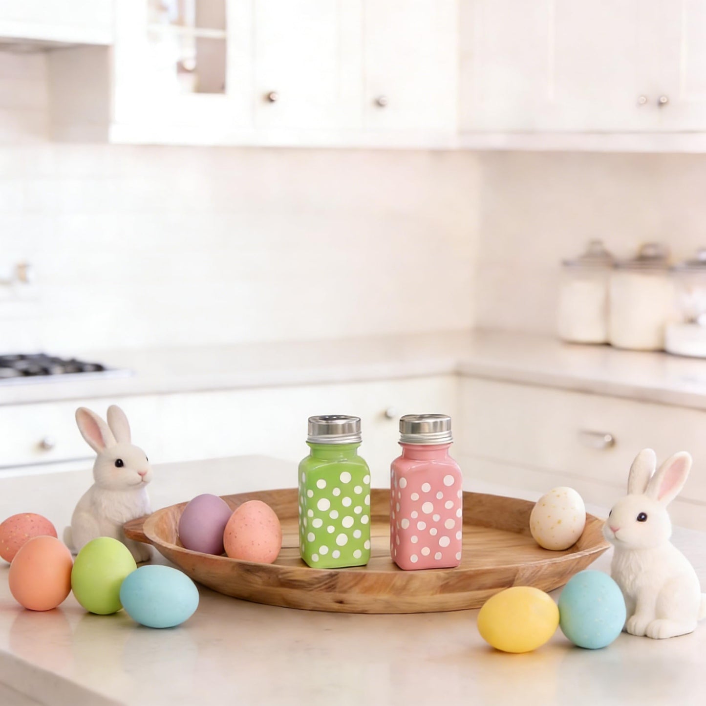 2 Pieces Easter Salt Pepper Shakers Polka Dot Egg Pink and Green Ceramic Salt and Pepper Shaker Set for Stove Top Easter Home Kitchen Decor(Pink and green egg)