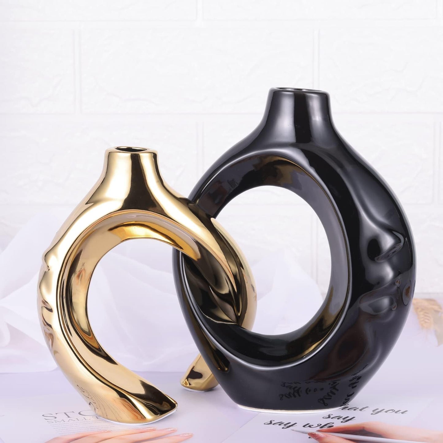 LCCCK Boho Black and Gold Ceramic Vases for Home Decor - Small Hollow Donut Vases for Living Room Table Wedding Centerpiece