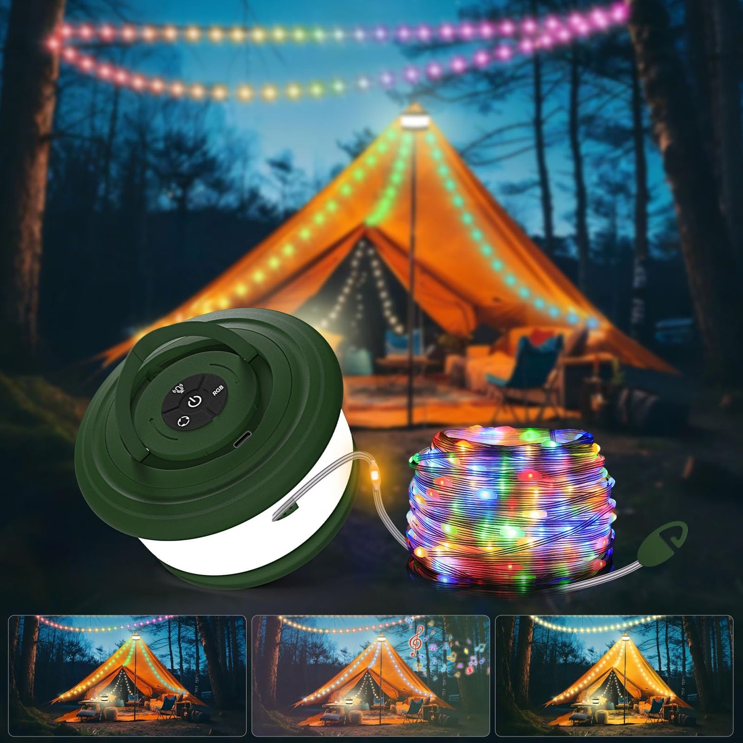 TOHETO Camping String Lights, 3 in 1 Upgraded Retractable RGB Outdoor String Lights with 19 Lighting Modes, Quick 30s Recovery, 32.8 FT Portable Tent Lights, Rechargeable Camping Lantern (Green)