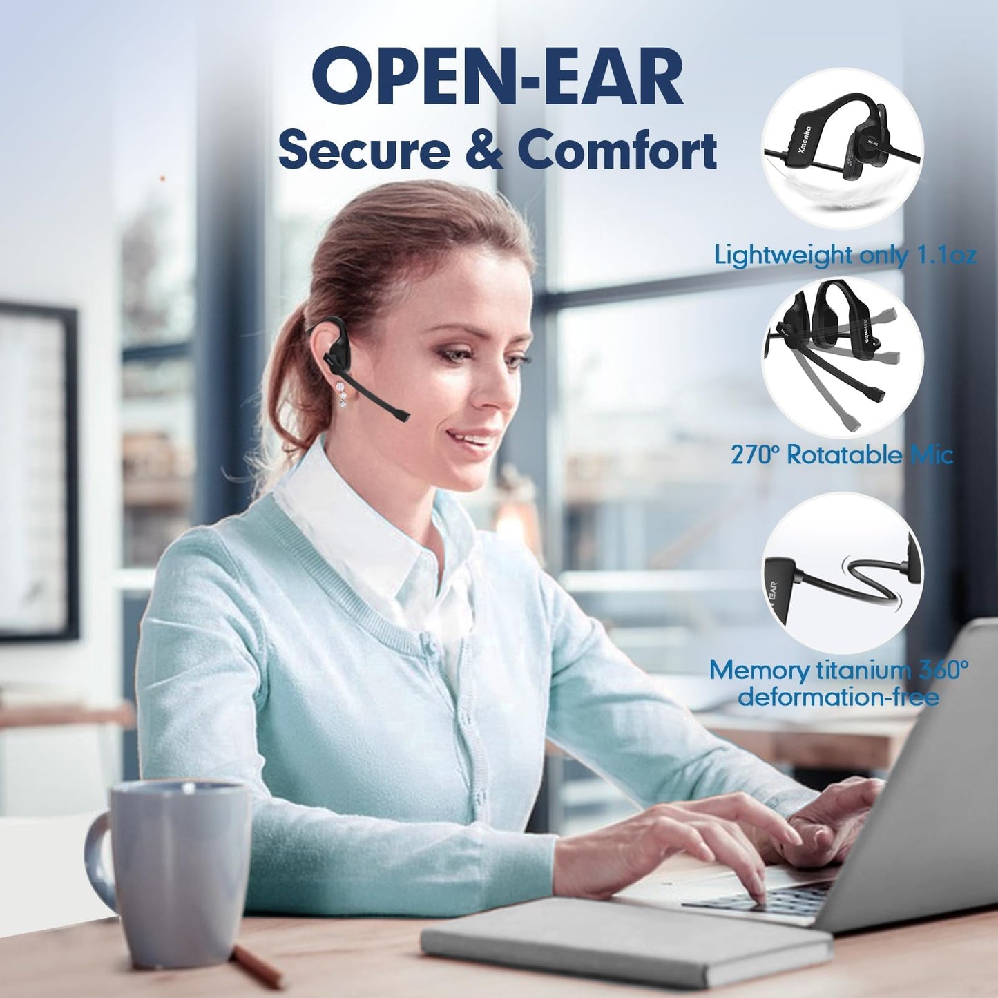 Bluetooth Phone Headset Wireless Bluetooth with Noise Cancelling Microphone, Open Ear Air Conduction Bluetooth Headphones with Mic for Work, PC, Laptop, Truckers, Cell Phone, Truck Drivers,Sports