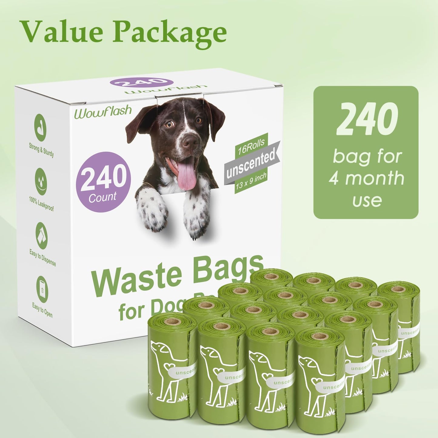 240 Count Unscented 13” x 9”Dog Poop Bags Rolls, Leakproof Strong & Sturdy Waste Bags for Doggie Cat Pet