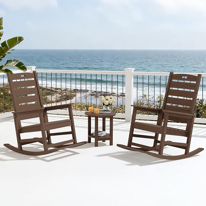 SERWALL Outdoor Rocking Chair Set of 4, Oversized HDPE Patio Rocking Chair with Footrest for Adults, All Weather Porch Rocker for Deck Patio Balcony, Brown