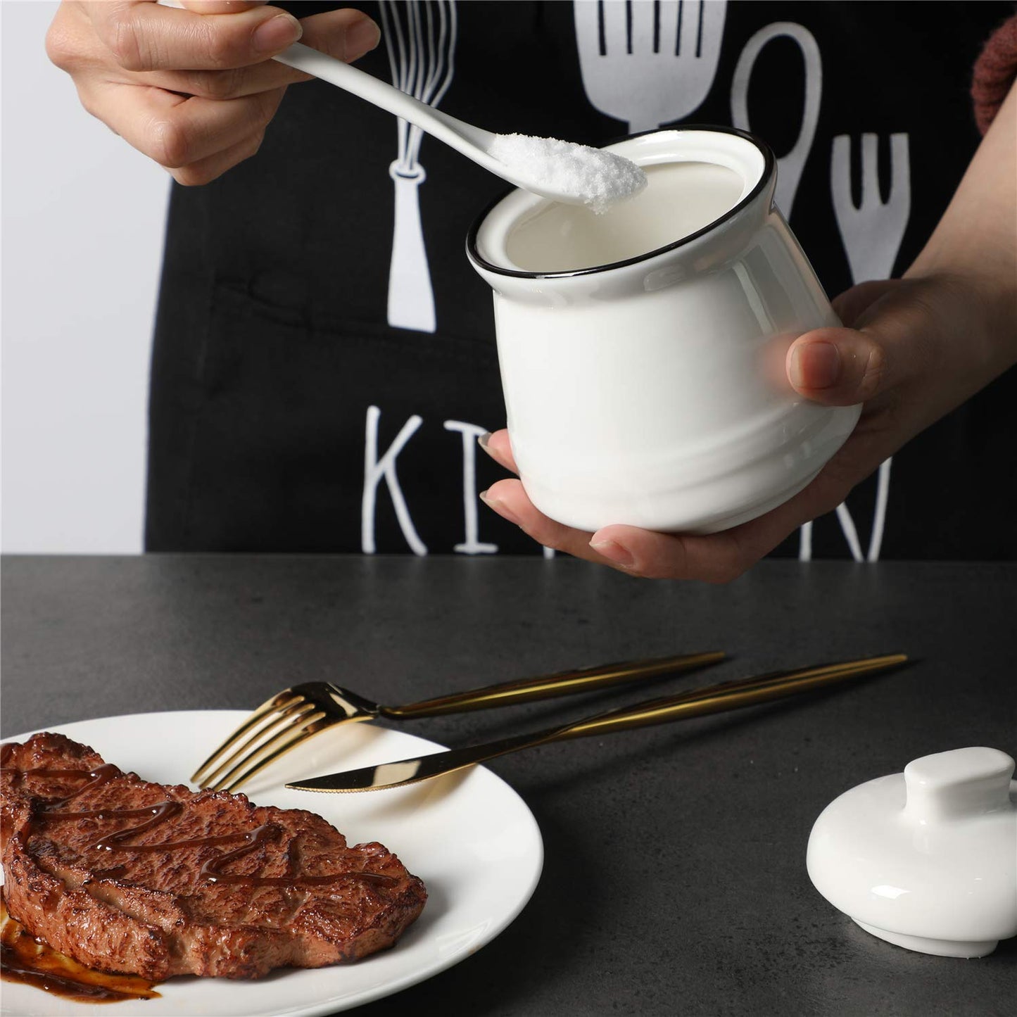 HAOTOP Porcelain Salt Bowl with Lid and Spoon,Ceramic Sugar Bowl 12oz (White)