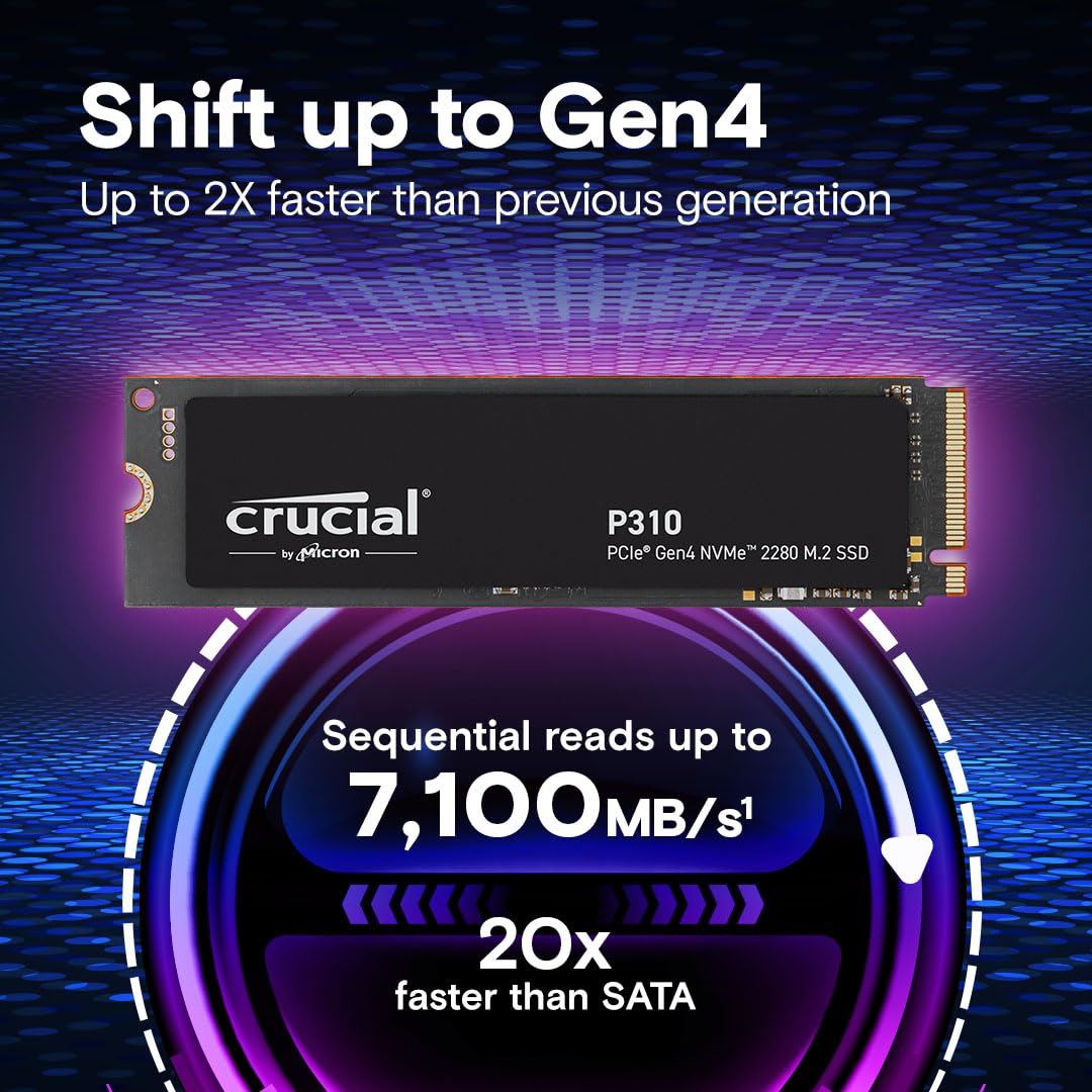 Crucial P310 1TB SSD M.2 2280 NVMe PCIe Gen4 Internal Gaming SSD, Up to 7,100MB/s, Laptop & Desktop (PC) Compatible, Solid State Drive - CT1000P310SSD801