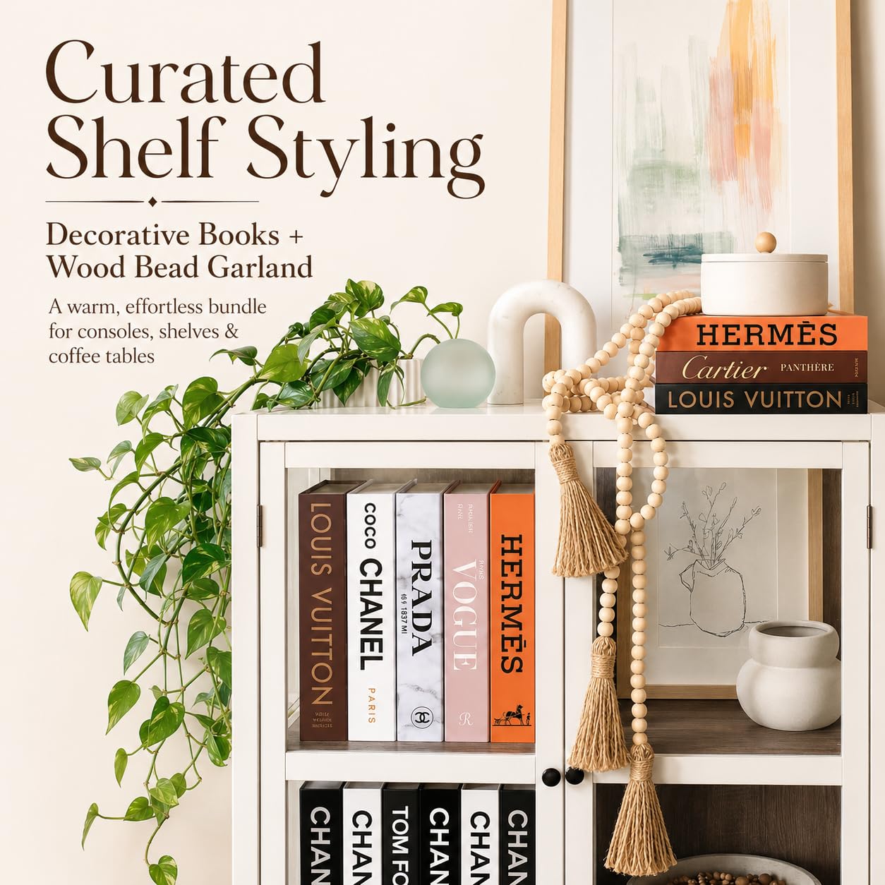 PROBENEX Faux Book Set + Wood Bead Garland Bundle, Luxe Shelf Decor