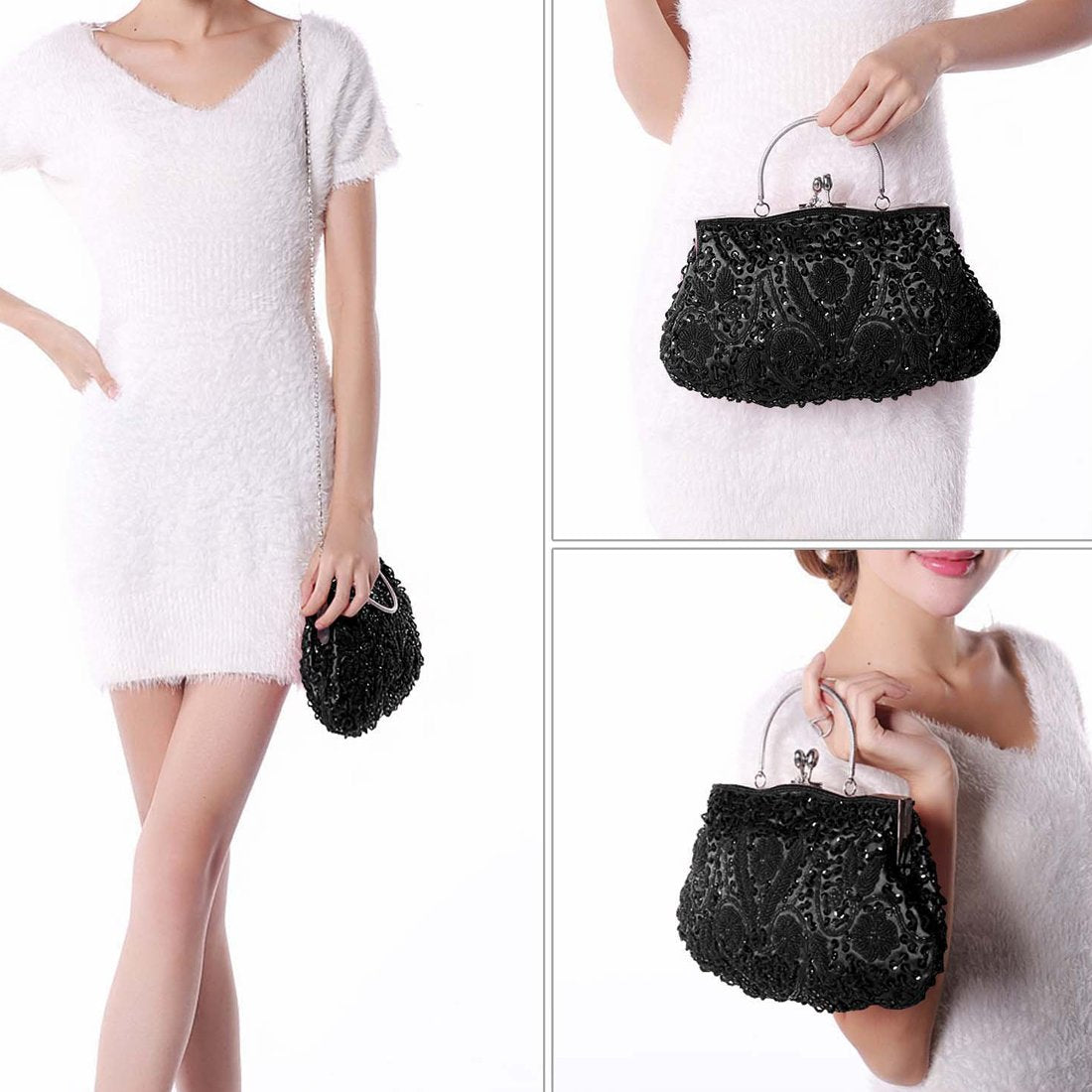 Collection Antique Floral Seed Bead Sequin Soft Clutch Evening Bag Designer Purse Large Clutch Handbag (Black)(Size: One Size)