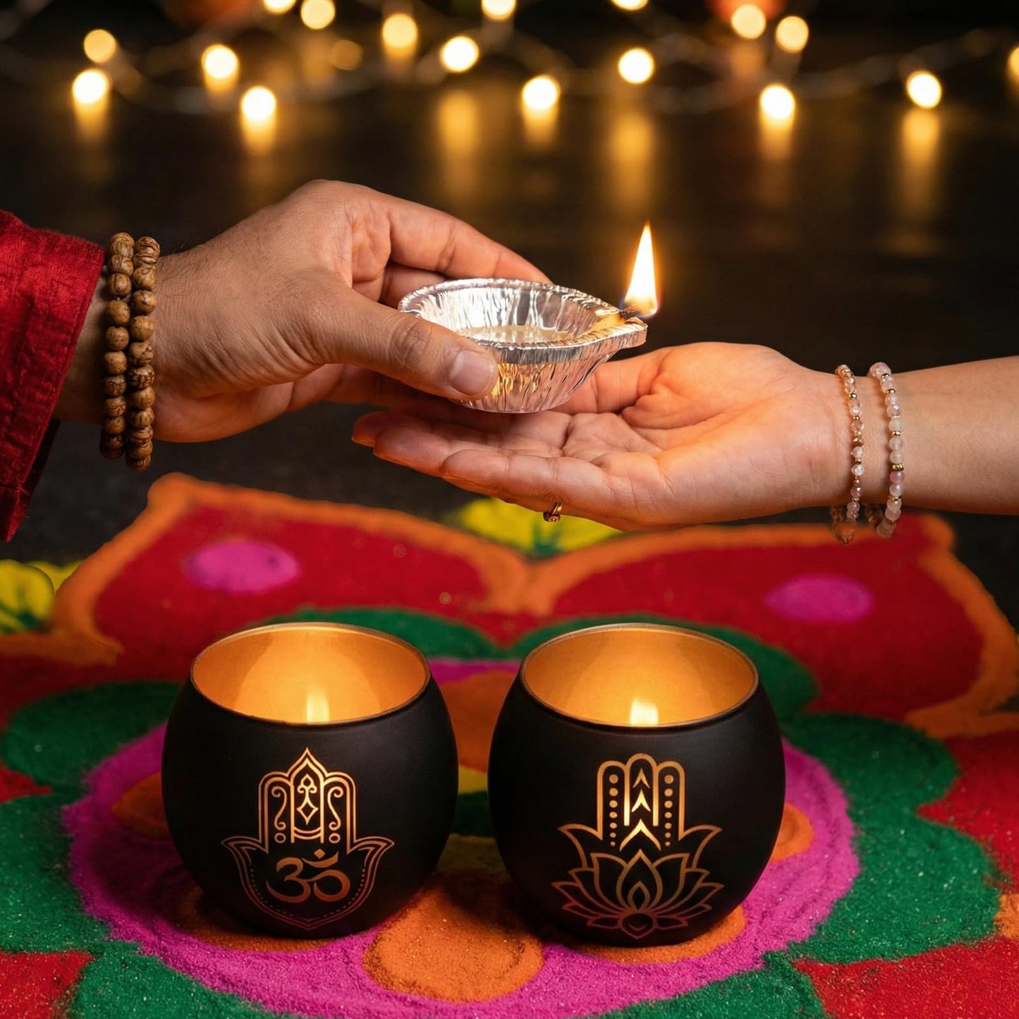 Hamsa Hand & Lotus Candle Holder Set of 2, Black and Gold Glass Votive Tealight Holders for Zen Meditation Decor, Om Symbol Decor for Yoga Room, Spa Bathroom & Diwali Decorations for Home