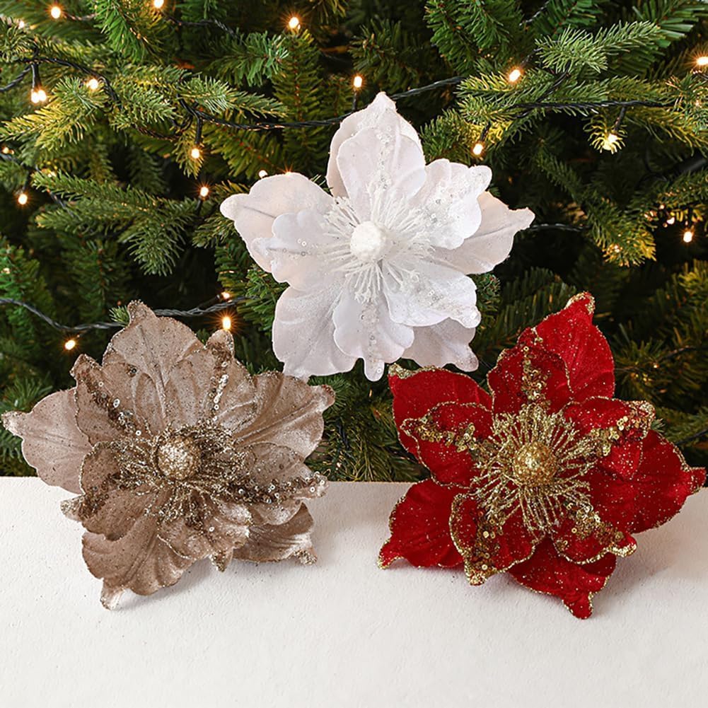vctops 6 Pcs Poinsettia Artificial Flowers Christmas Tree Ornaments Glitter Magnolia Flowers for New Year Xmas Party Wedding Holiday DIY Decorations, Champagne