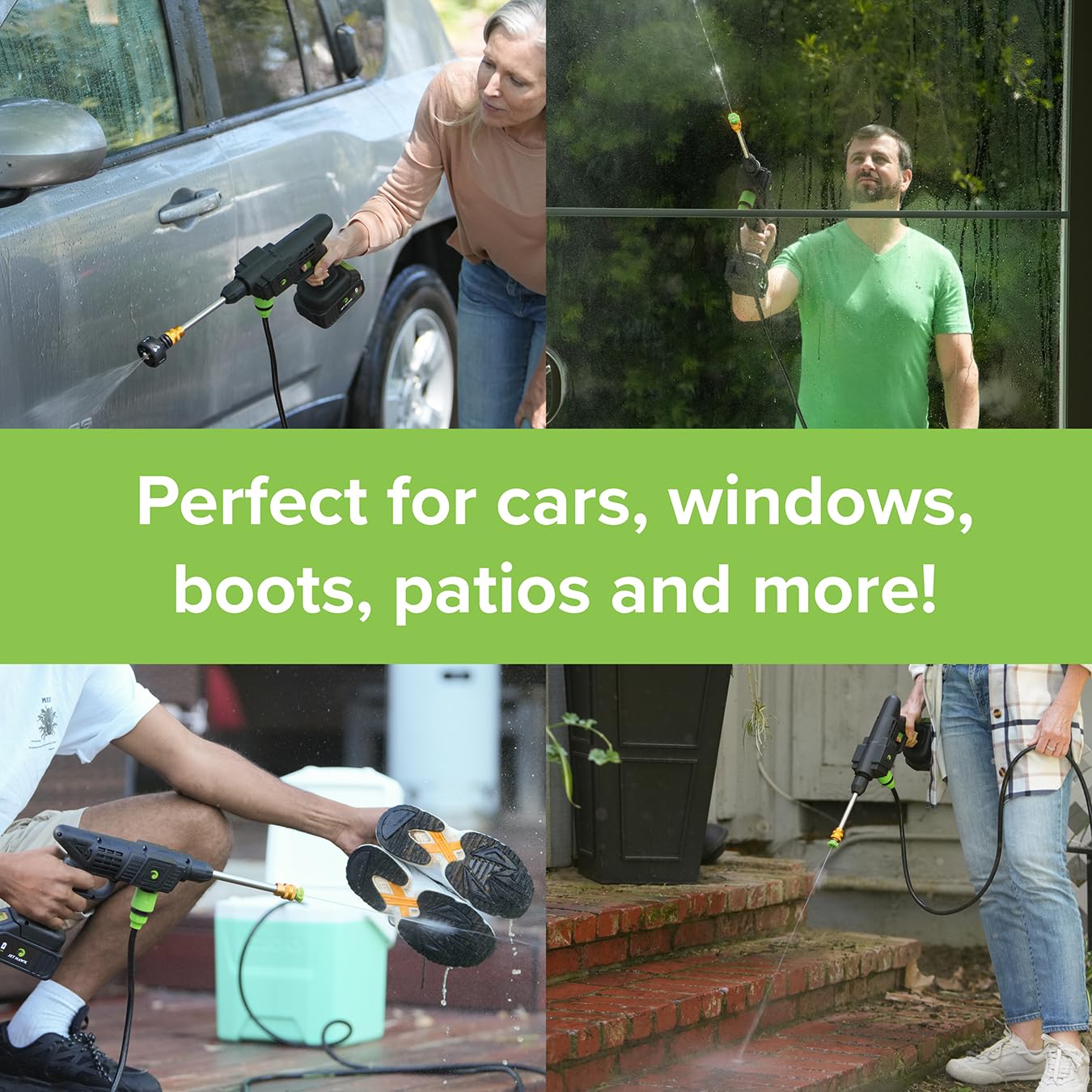 Jet Hawk – Portable Cordless High-Pressure Washer in Green Colourway - Use Any Water Source – 6 in 1 - Inc Spray Nozzles, 5m Hose, Hose Connector, Free Soap Dispenser Bottle & Hard Carry Case