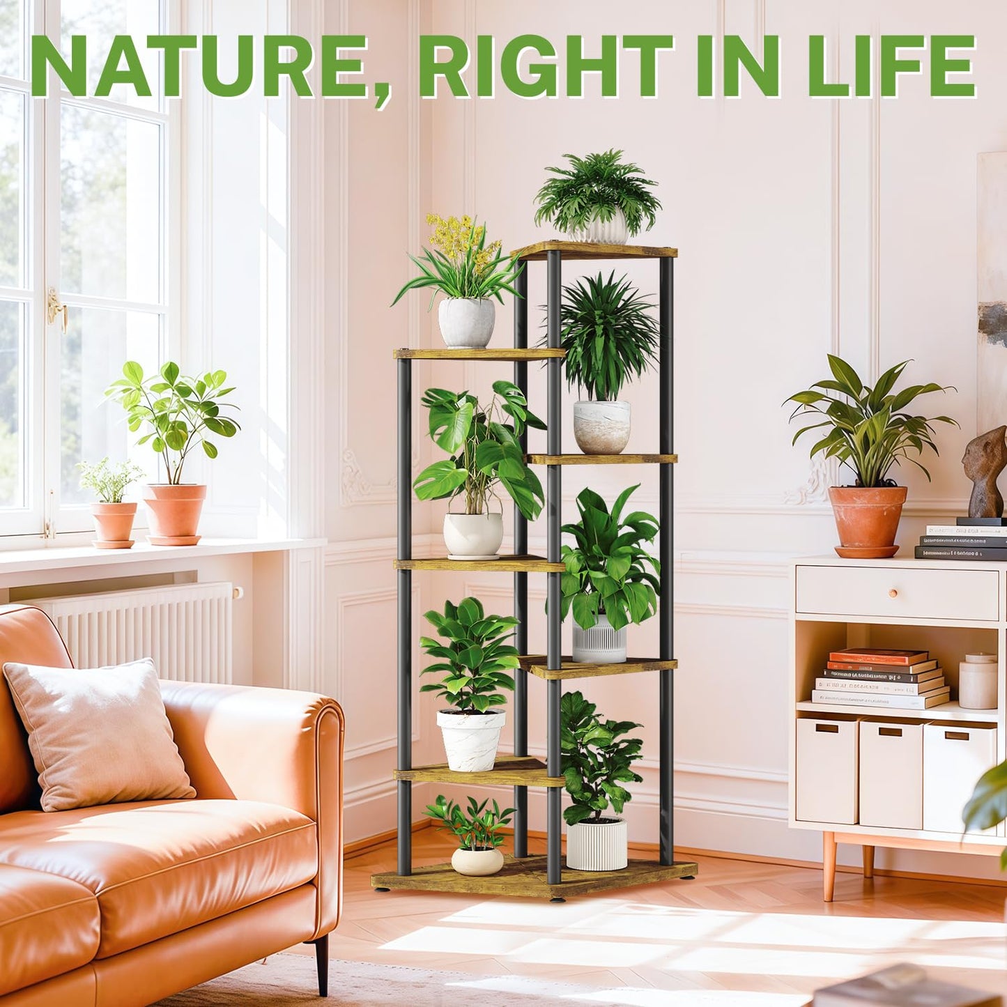 iDavosic.ly Tall Plant Stand Indoor for Large & Heavy Duty Planters, 6 Tier Corner Flower Shelf with Wooden Trays & Metal Frame, 49 Inch Orchid Rack for Living Room Balcony Porch, Black & Brown