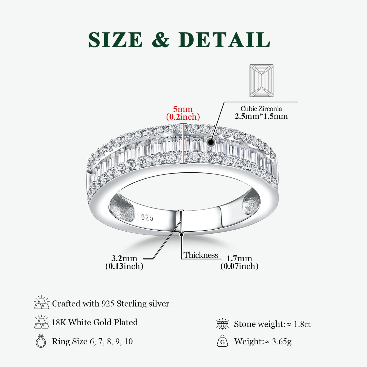 RANDES Channel Diamond Wedding Band Sterling Silver 6mm Thick Cz Emerald Cut Half Eternity Band Cubic Zirconia Rings for Womem Size 9