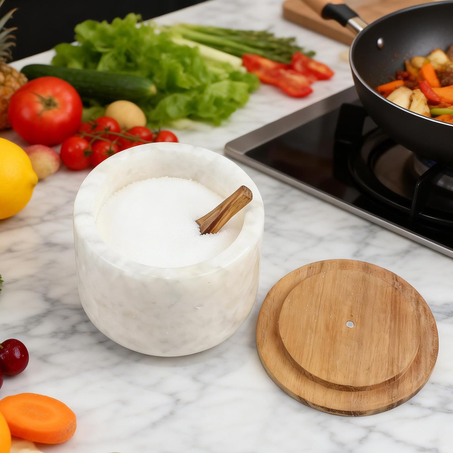 Lc.Courage Salt and Pepper Spice Cellar, Marble Container for Coffee, Sugar, Spices and Candies, With Built-in Magnetic Attraction Spoon and Acacia Wood Lid, 6.5 oz (Snowflake White)