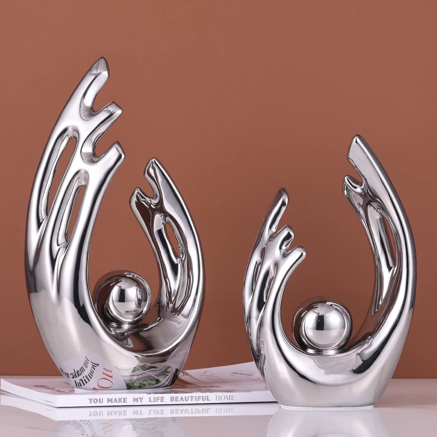LCCCK 9.5" H Silver Aesthetic Room Decor Accent, TV Stand Funky Table Centerpiece, Abstract Art Ceramic Statue and Sculpture, Silver Decor for Living Room, Bookshelf Decorative Objects, Shelf