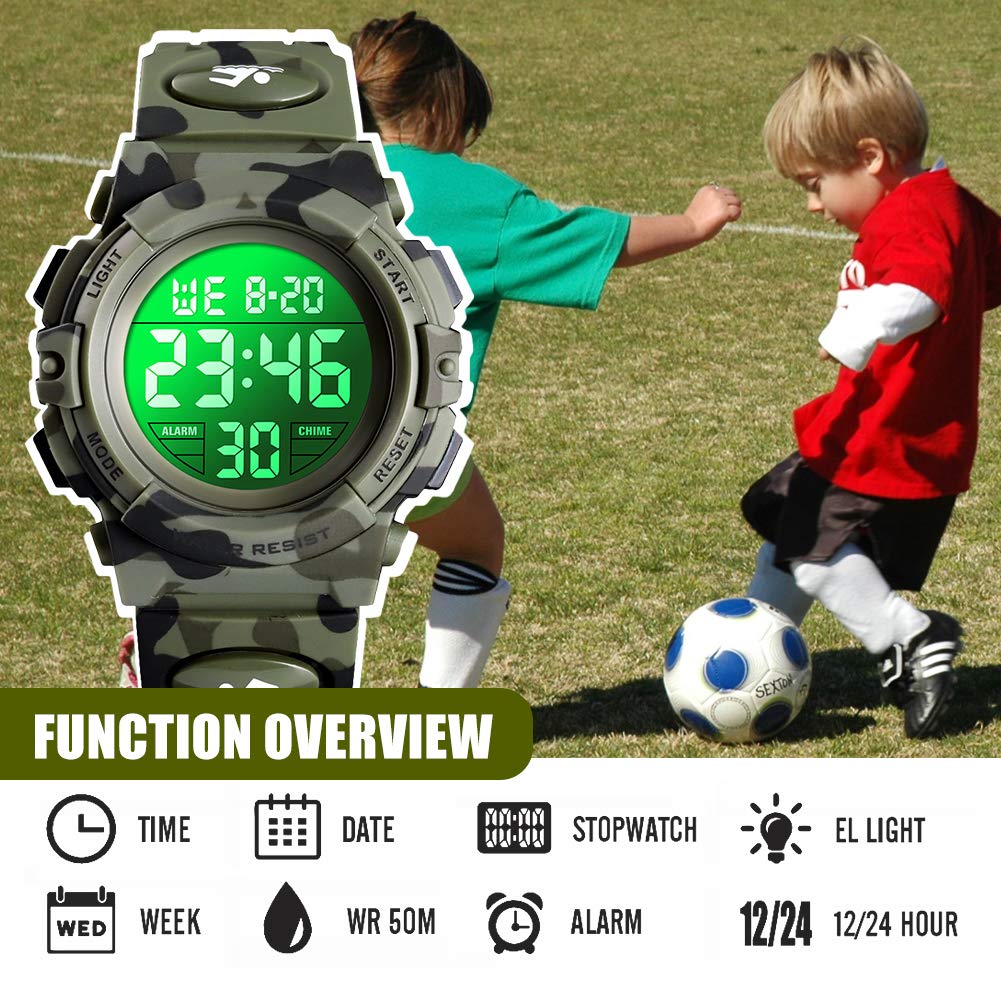 Digital Watch for Boys Girls, Waterproof Sport Kids Watches with Alarm/Stopwatch/12-24H, Childrens Electronic LED Wrist Watch for Junior Teenagers Boy - Camouflage