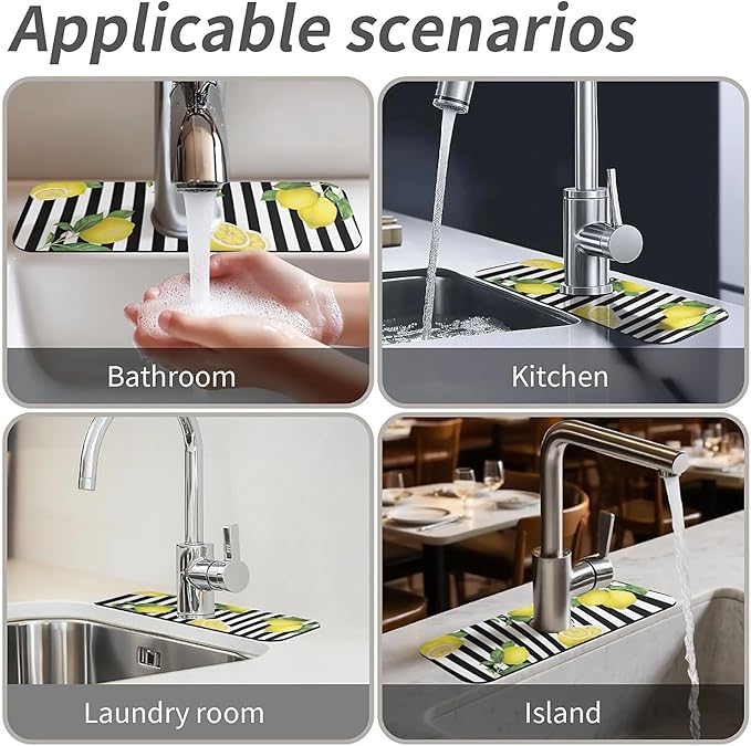Kitchen Sink Splash Guard,Lemon-and stripes Faucet Mat Sink Gadgets-Super