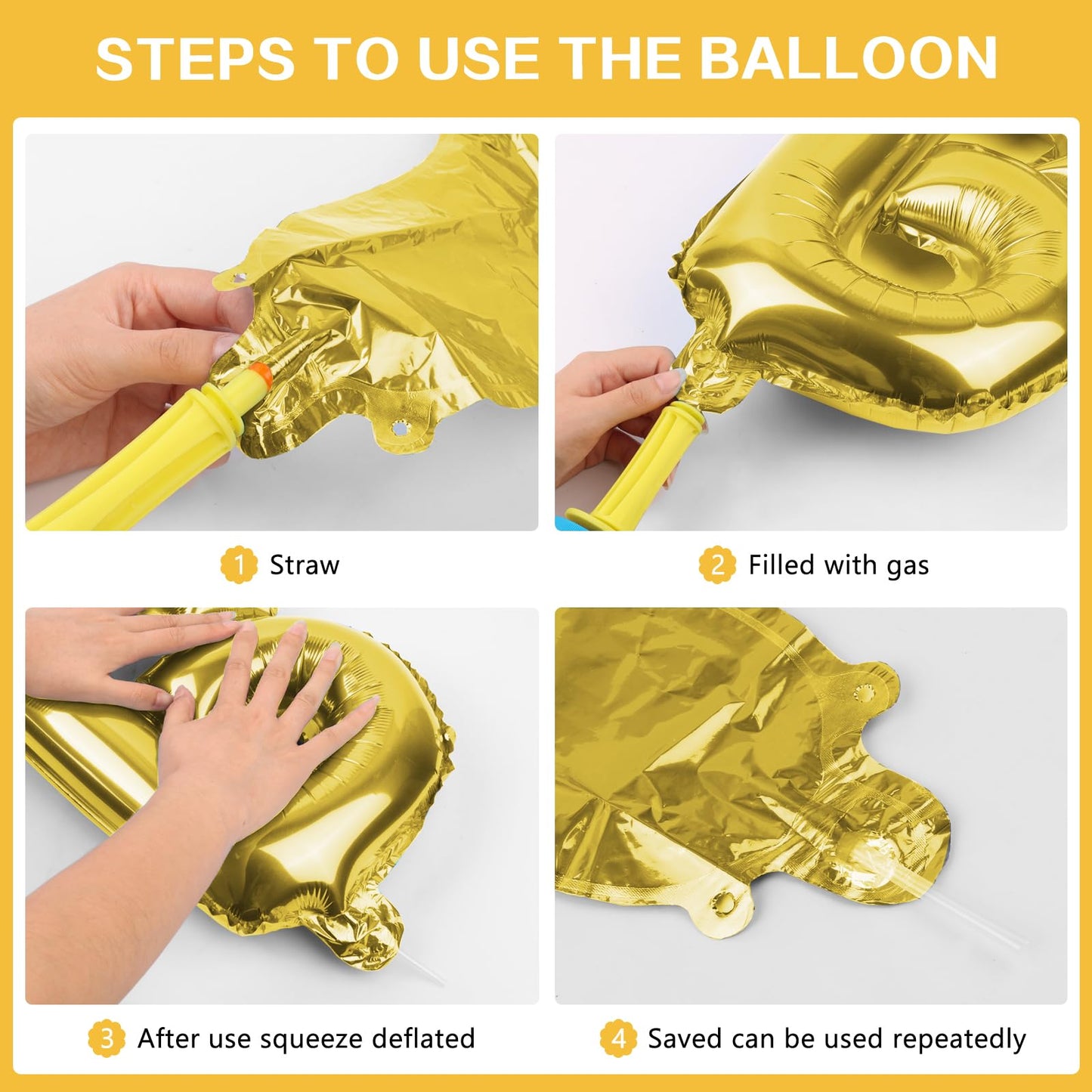 Gold Happy Birthday Balloons Banner 16 Inch Mylar Foil Letters, Inflatable Party Decor and Birthday Decorations for Women, Men, Boys & Girls Kids and Adults, Reusable, Party Supplies