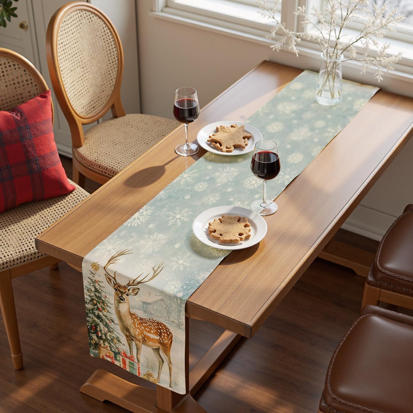 VIV CHERBL Christmas Table Runner with Reindeer, Snowflakes & Christmas Decorations, Table Decoration for Dining Party and Home Decor,36x13 inches
