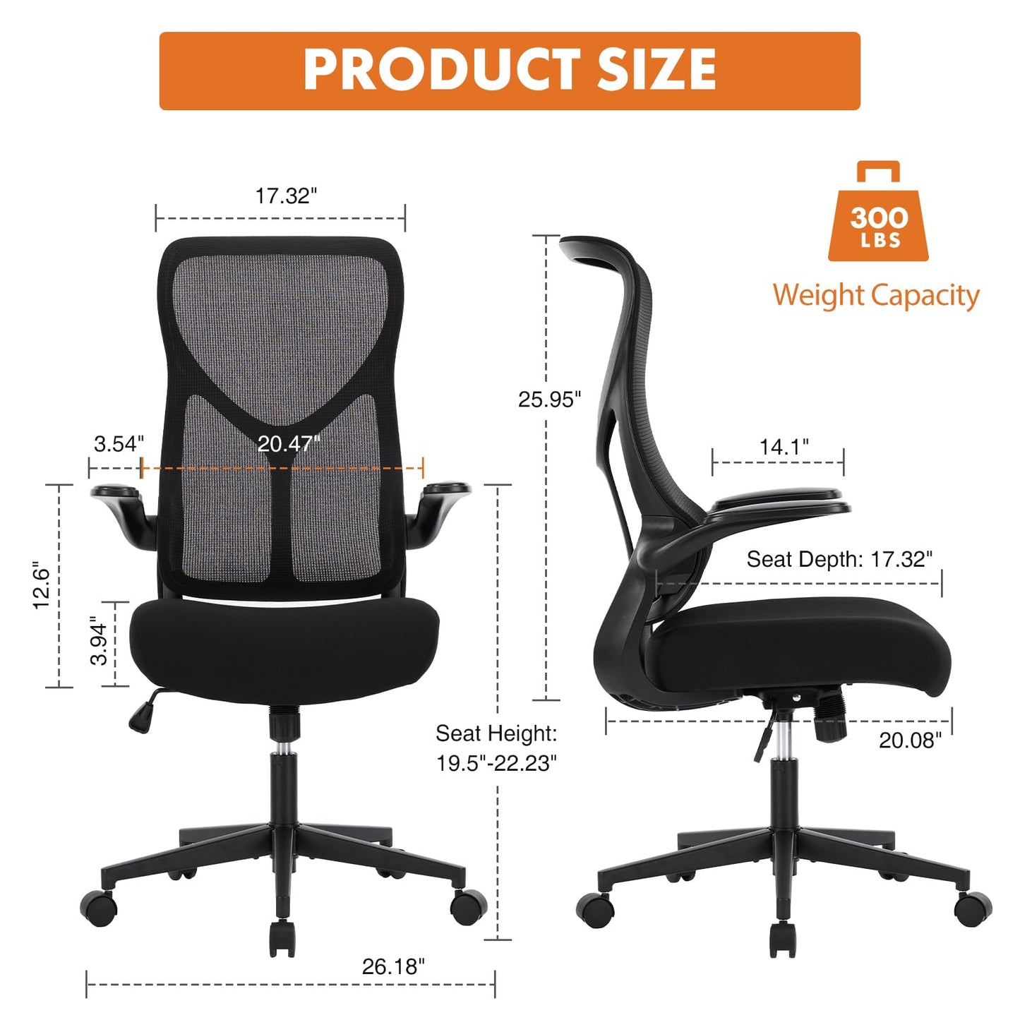 Sweetcrispy Ergonomic Office Desk Computer Chair, Comfy High Back Swivel Rolling Home Mesh Gaming Chairs with Wheels, Lumbar Support, Flip-up Arms,120°tilt for Bedroom, Study, Work, Black